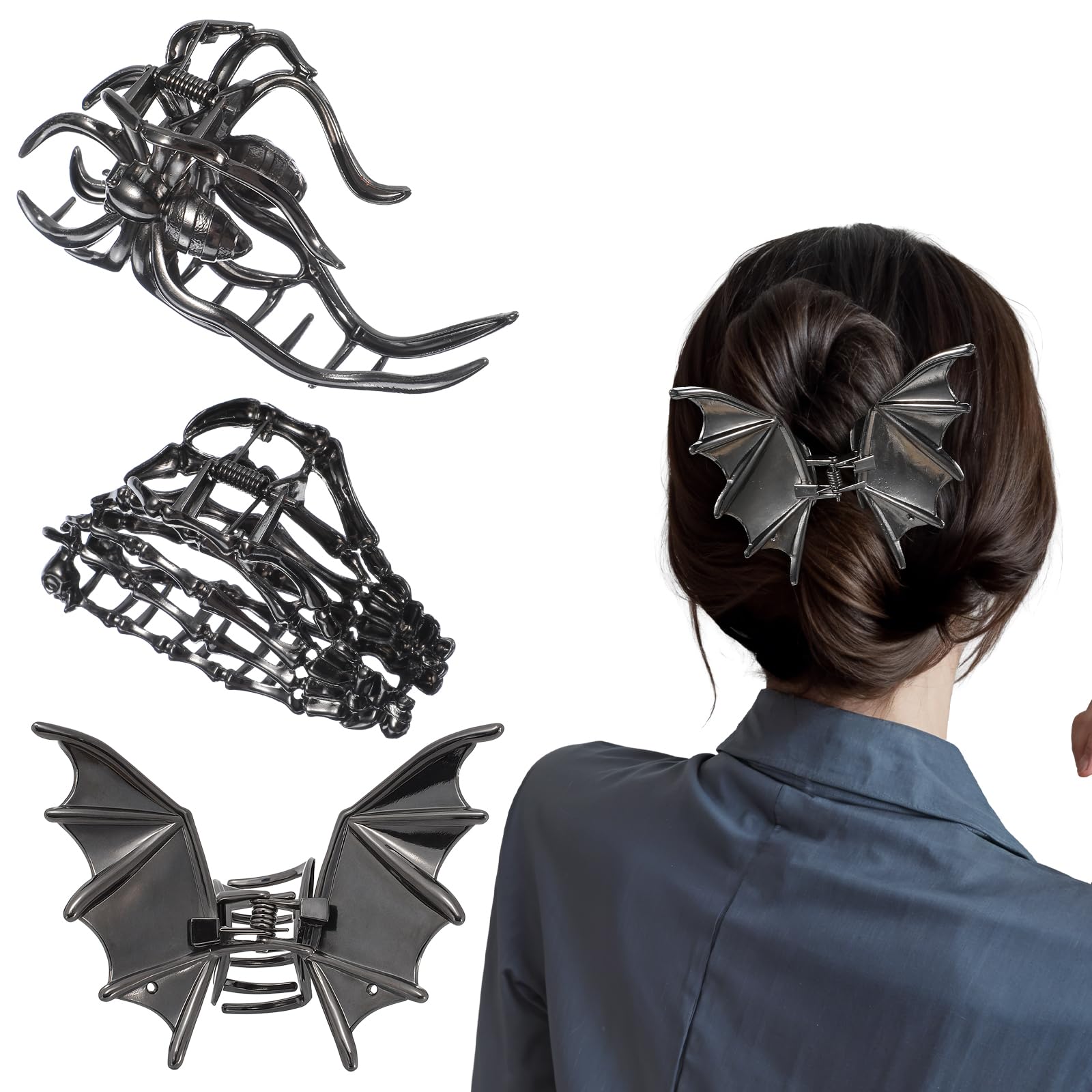 3 Pcs Metal Hair Claw for Women Girls Spider Net Bat Hand Claw Clip Non-Slip Skull Spooky Styling Barrette Clips Y2K Punk Goth Hair Accessories for Halloween Christmas Party