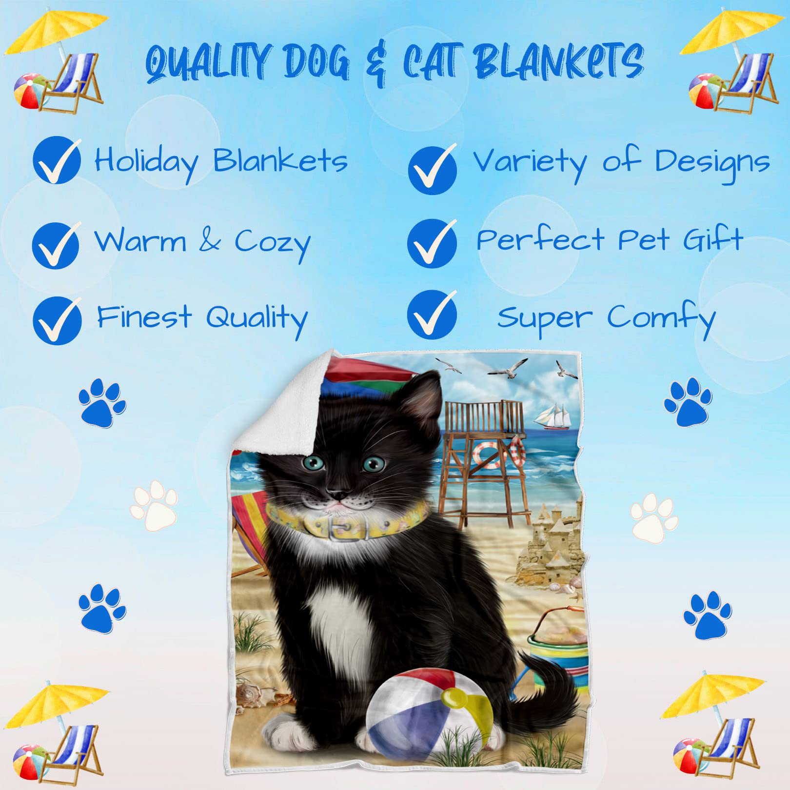 Pet Friendly Beach Tuxedo Cat Blanket - Lightweight Super Soft Cozy and Durable Bed Blanket - Animal Theme Fuzzy Blanket for Sofa Bed Couch BLNKT57101 (30x40 Fleece)