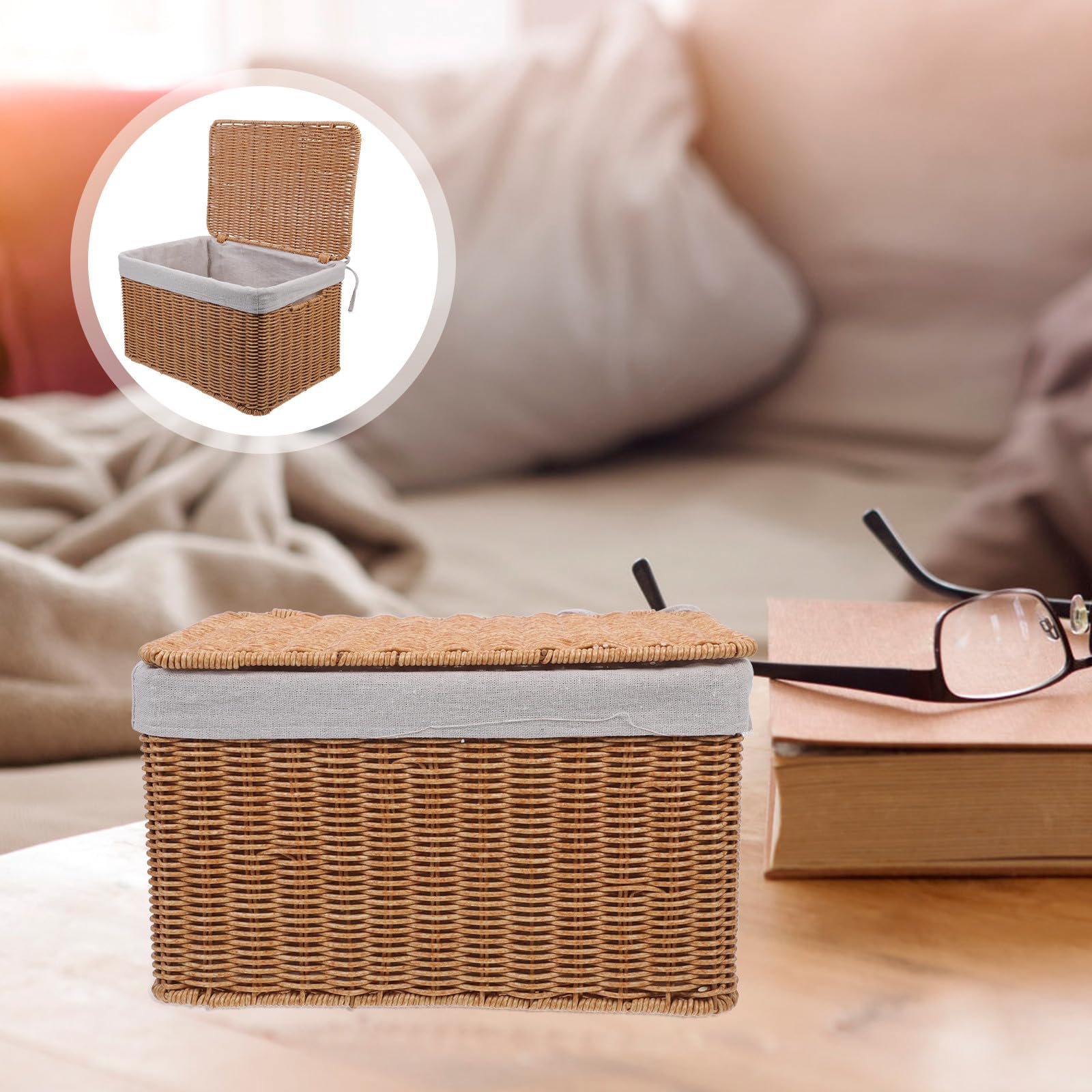 Cesta Grande de Mimbre con Tapa y Forro, Cesta de Almacenamiento Rectangular con Asas Dobles para Ropa, Libros y Organización en Hogar, Cocina y Baño (36x26x21 Cm)