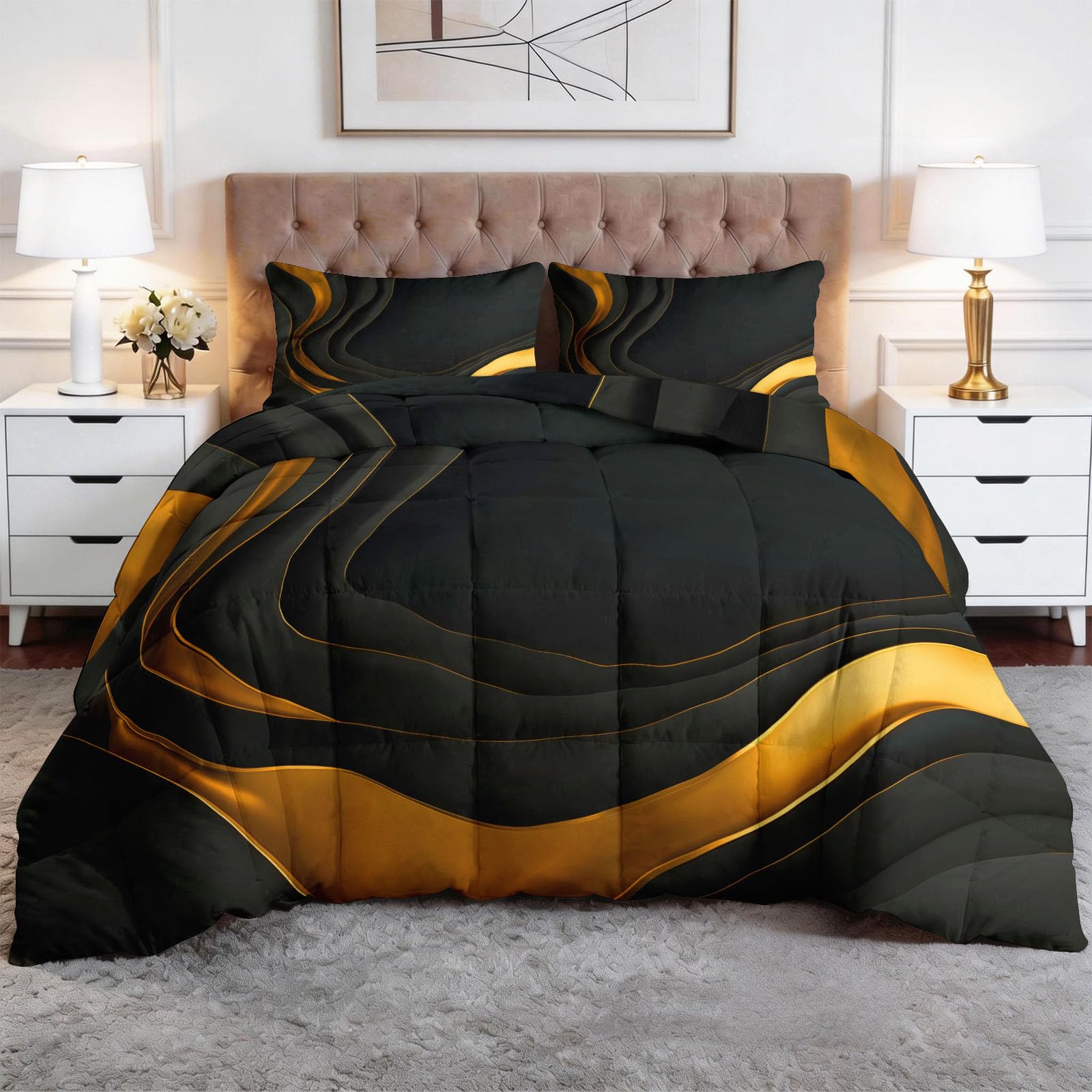 Generisch Piumino da 200 x 200 cm, 4 stagioni, 3D, reversibile, per tutto l'anno, lussuoso, con onde astratte, senza rivestimento, lavabile, con federa