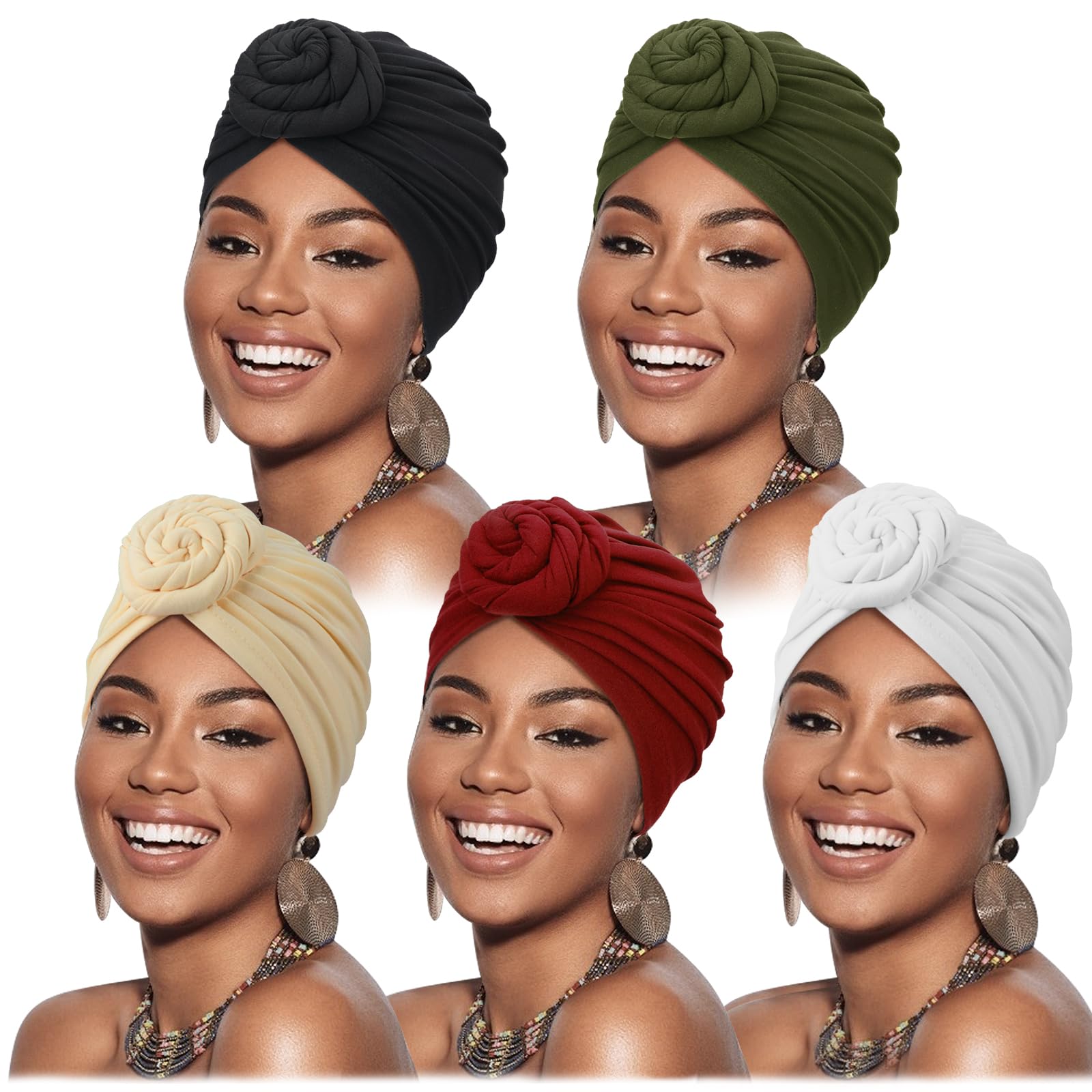 DRESHOW 5 Pack Women Turban African Knot Headwrap Beanie Pre-Tied Bonnet Chemo Cap Hair Loss Hat