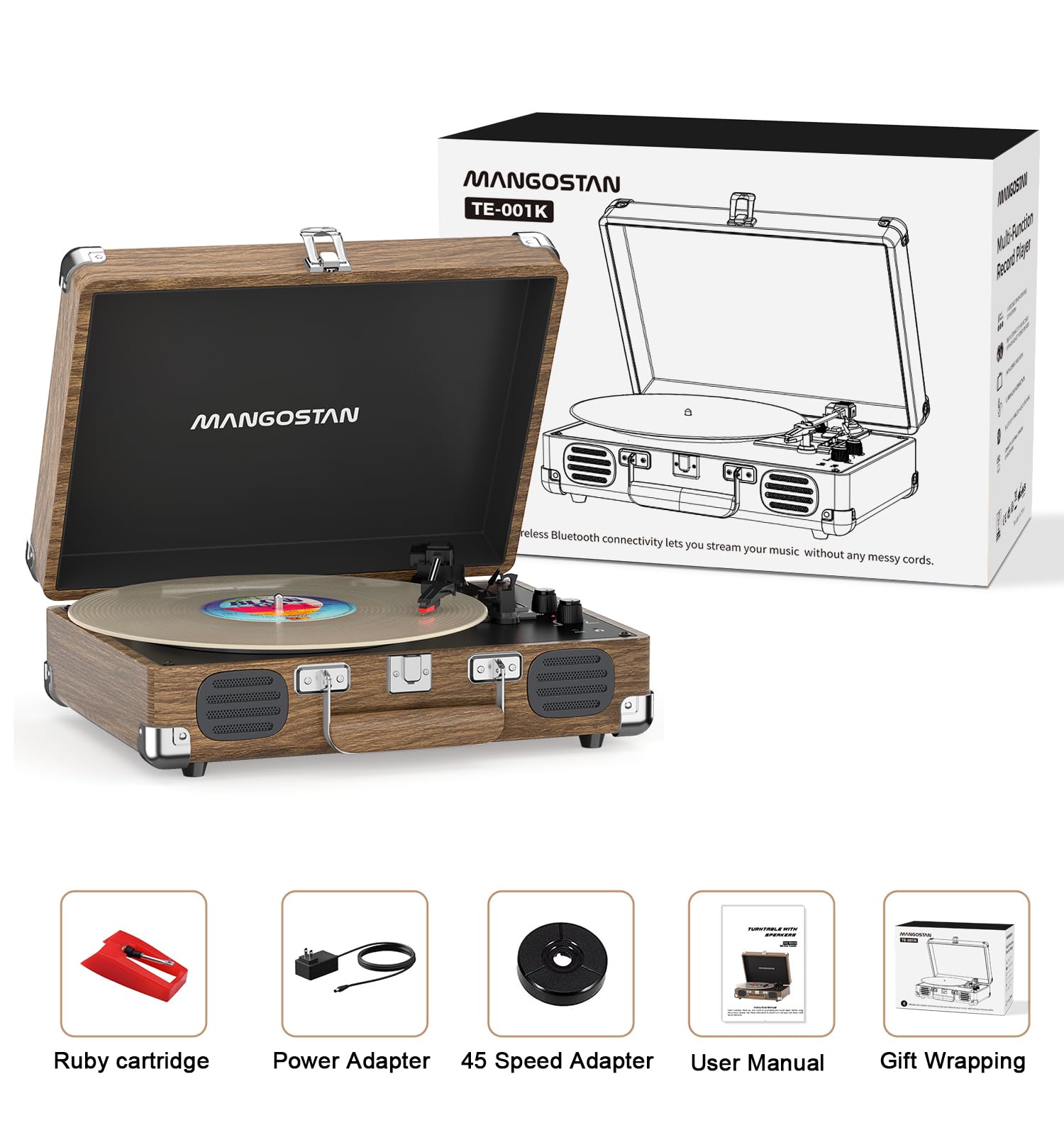 Tourne-disque Bluetooth vintage avec haut-parleurs intégrés, tourne-disque à 3 vitesses, arrêt automatique, entrée RCA et AUX-in, prise casque, lecteur LP rétro valise - Grain de bois