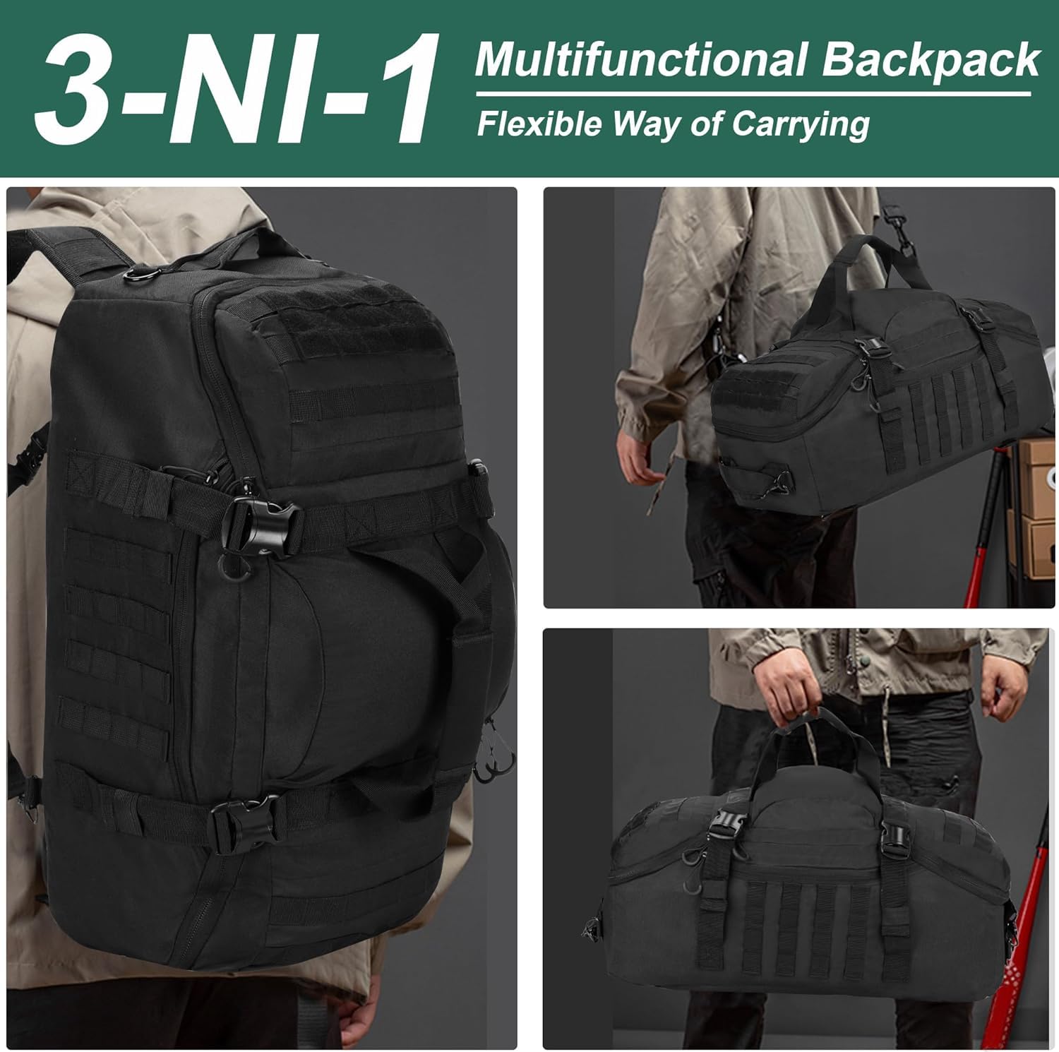 Zaino tattico 3 in 1 da palestra, borsa sportiva da viaggio per la notte, nero, 80L, Borsone | Funziona come borsa da gamma o zaino da moto, ideale per palestra, viaggi, campeggio, caccia e organizzazione degli attrezzi