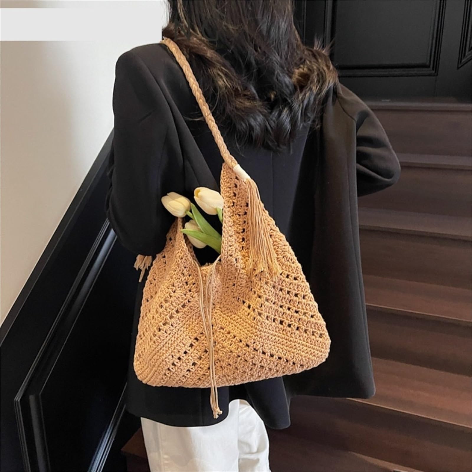 Bolsos de Paja Bolso de playa paja gran capacidad con un solo hombro for mujer, ideal for vacaciones verano en la y relajarse