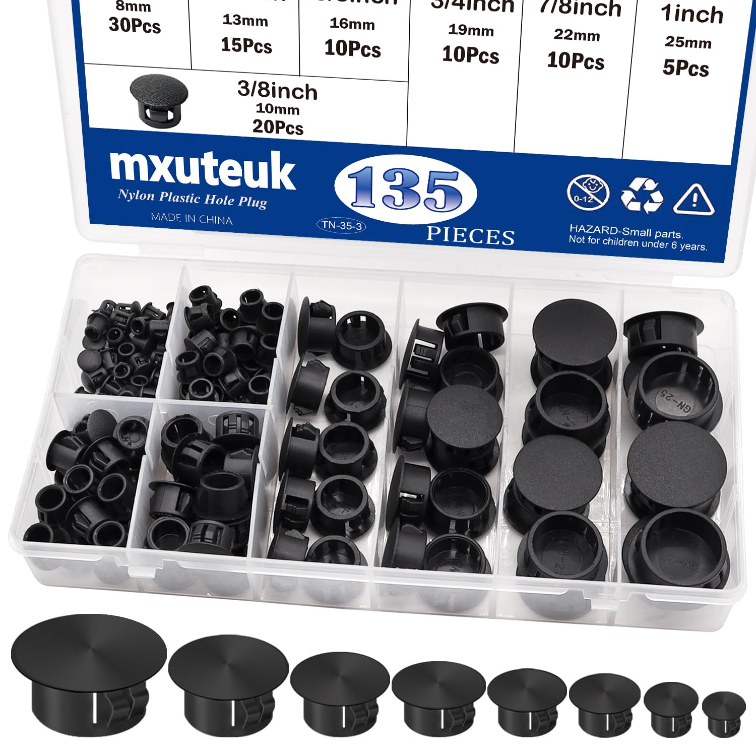 mxuteuk 135Stück 8 Größen Nylon-Kunststoff Lochstopfen schwarz 1/4" 5/16" 3/8" 1/2" 5/8" 3/4" 7/8" 1" runde Bohrloch-Abdeckungen für Möbel, Schränke, Industriebedarf & Dübel/Stopfen