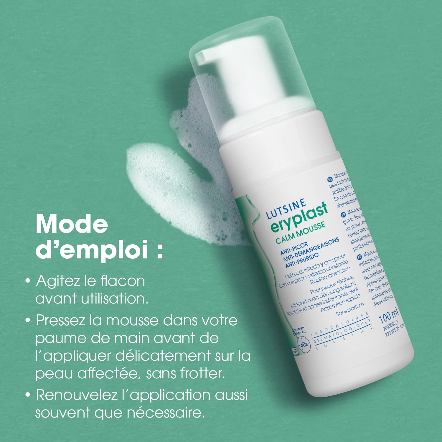 Eryplast CALM Mousse - anti-démangeaisons 100ml - Apaise et soulage les peaux sensibles, irritées et sujettes aux démangeaisons en 60 secondes - Effet rafraichissant