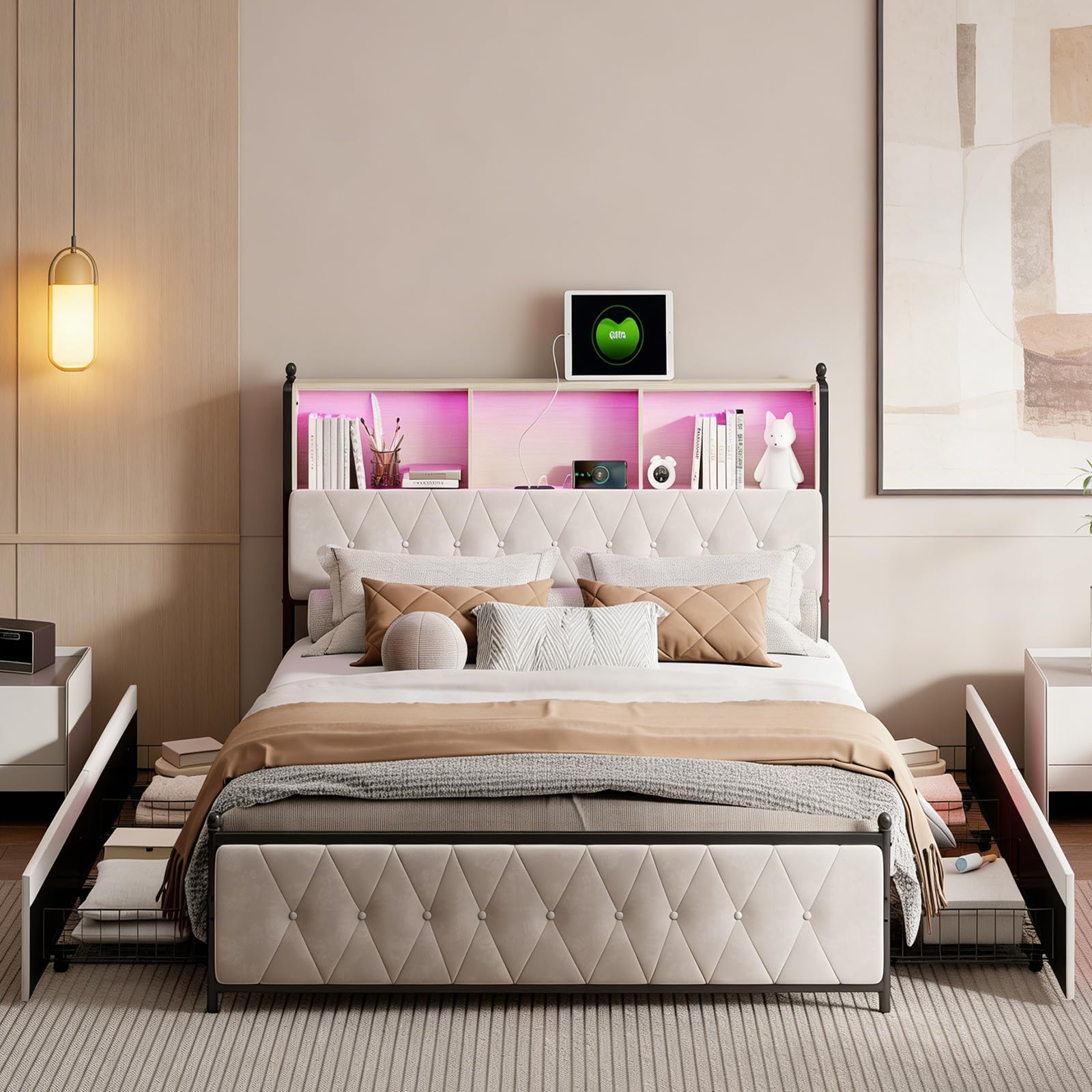 Cama tapizada 140x200 con Cabecero LED y USB, Camas Matrimoniales con 4 Cajones, Cama Juvenil, Estructura Camas Doble con Lamas de Madera, Terciopelo Beige, Sin Colchón (Beige, 140 x 200 cm)