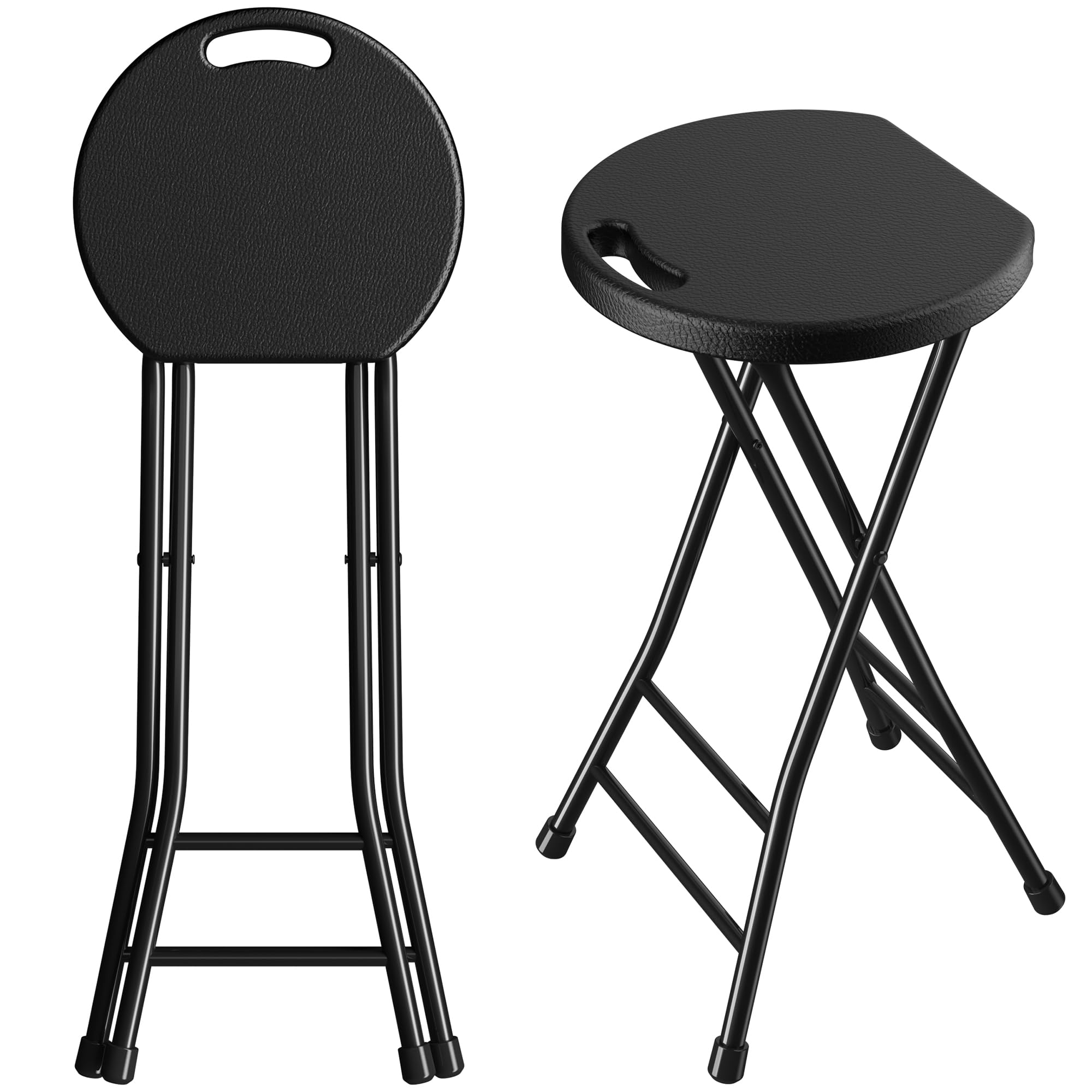 24 Inch Folding Stool Set of 2, Portable Folding Stool with Handle & Non-Slip Feet, Sturdy 440lbs Capacity Folding Bar Stool for Kitchen, Camping, Fishing, Black