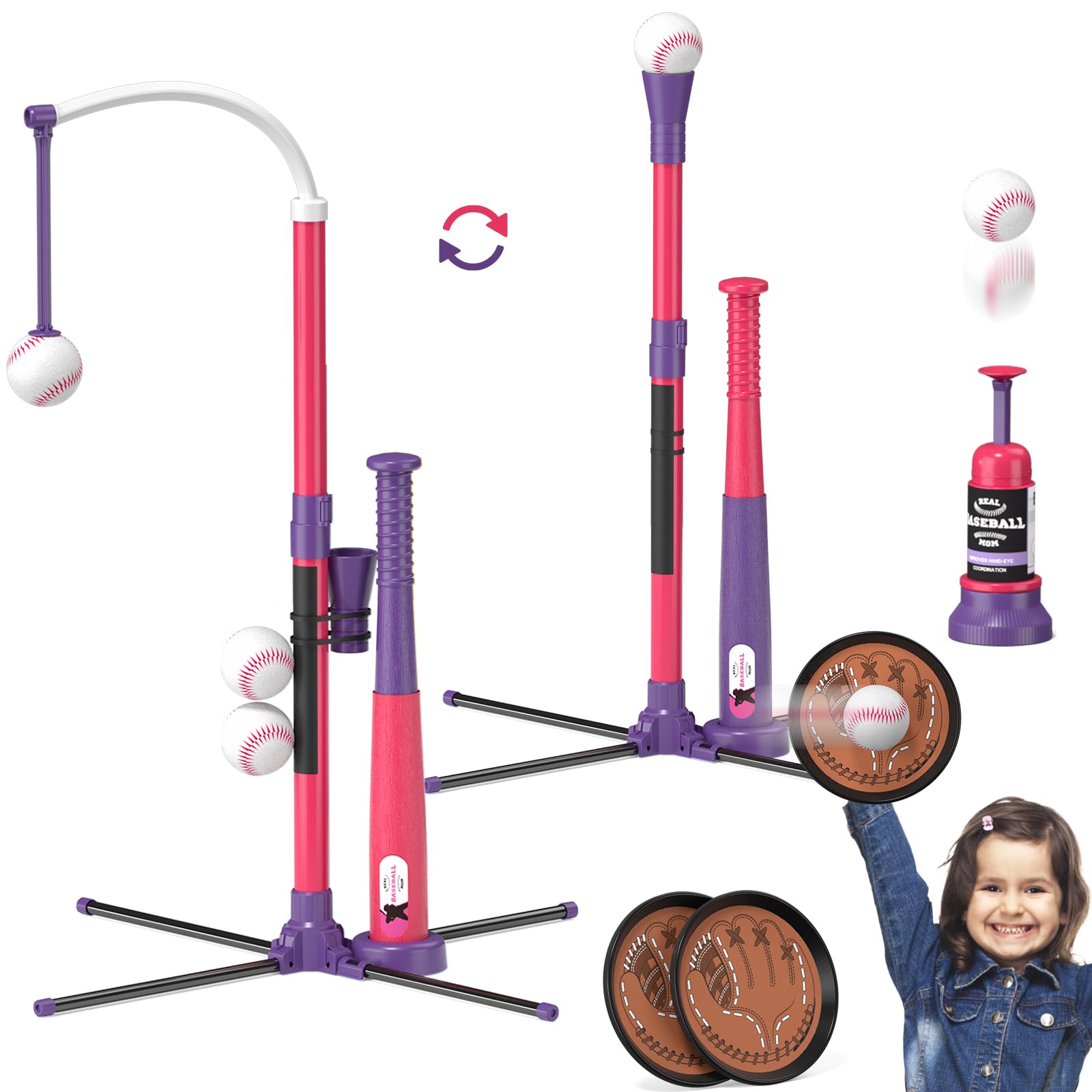 QDRAGON 4 in 1 Tball Set for Toddlers 3-5 with Toss and Catch Ball Set / 2 Bats, Hanging Tee Ball Stand with Auto Pitching Machine, Indoor Outdoor