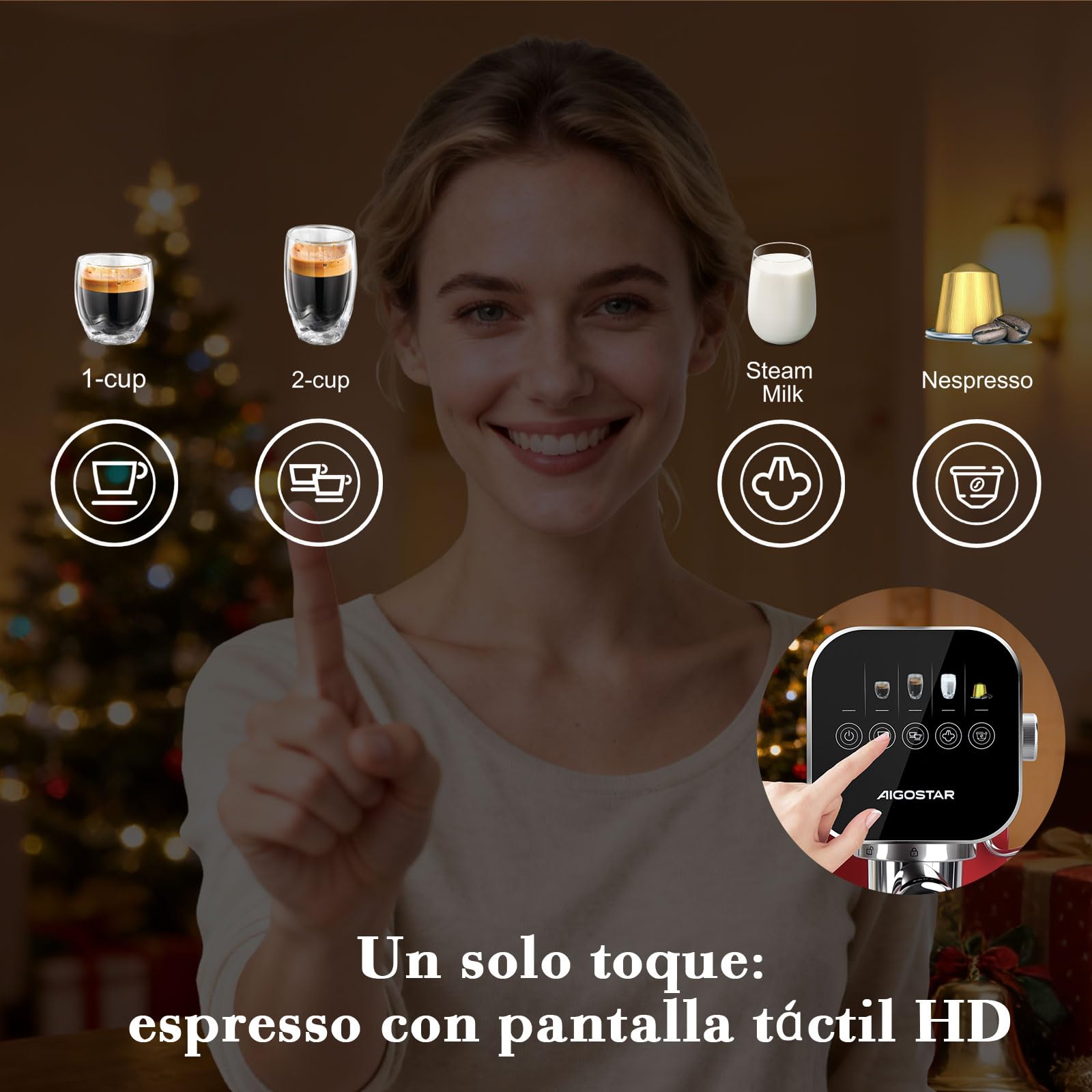 Aigostar Cafetera Espresso 20 Bares para Cápsulas y Café Molido Inox, Rojo | Panel táctil, espumador de leche, 1 o 2 tazas, depósito de 0,9 L, 1350 W, ideal para espresso, capuccino y latte