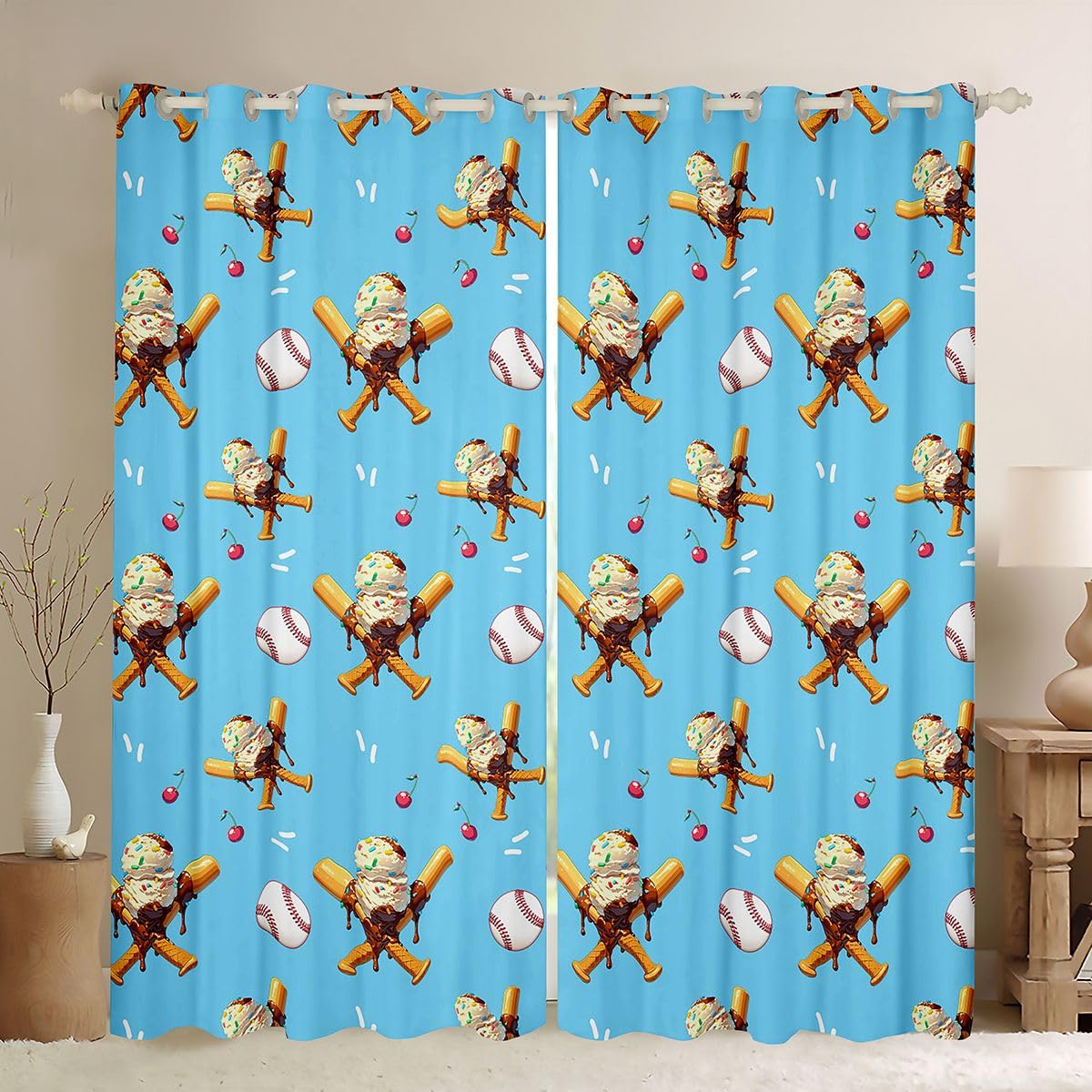 Rideau occultant 140x175 cm beige au motif baseball et glace Homewish