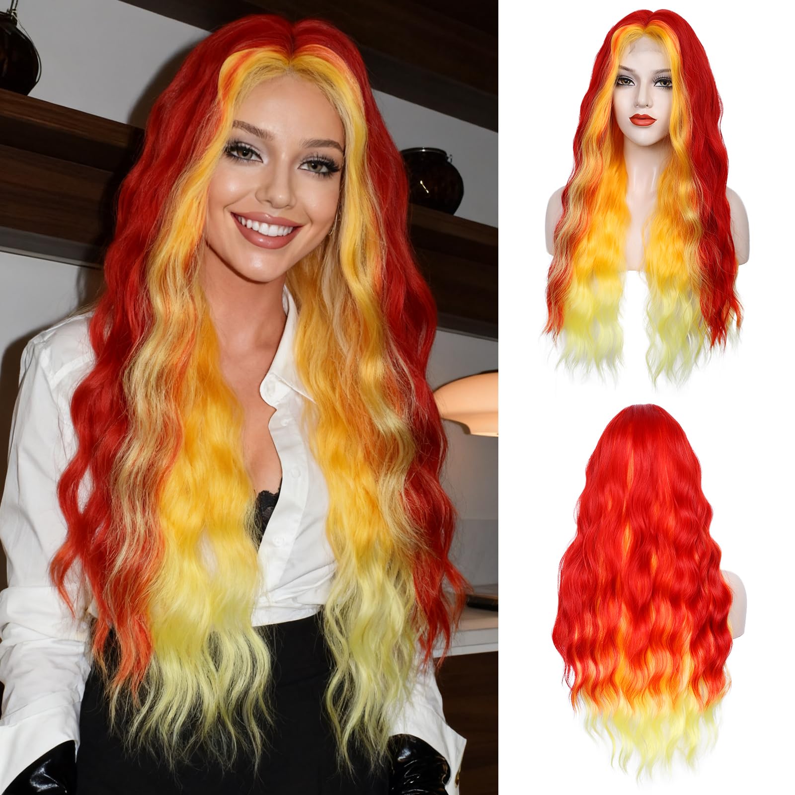 WECAN Red Orange Yellow Wig 28 Inches Long Wavy Synthetic Hair Replacement for Women - Halloween Cosplay Daily Party Heat-Resistant Fiber