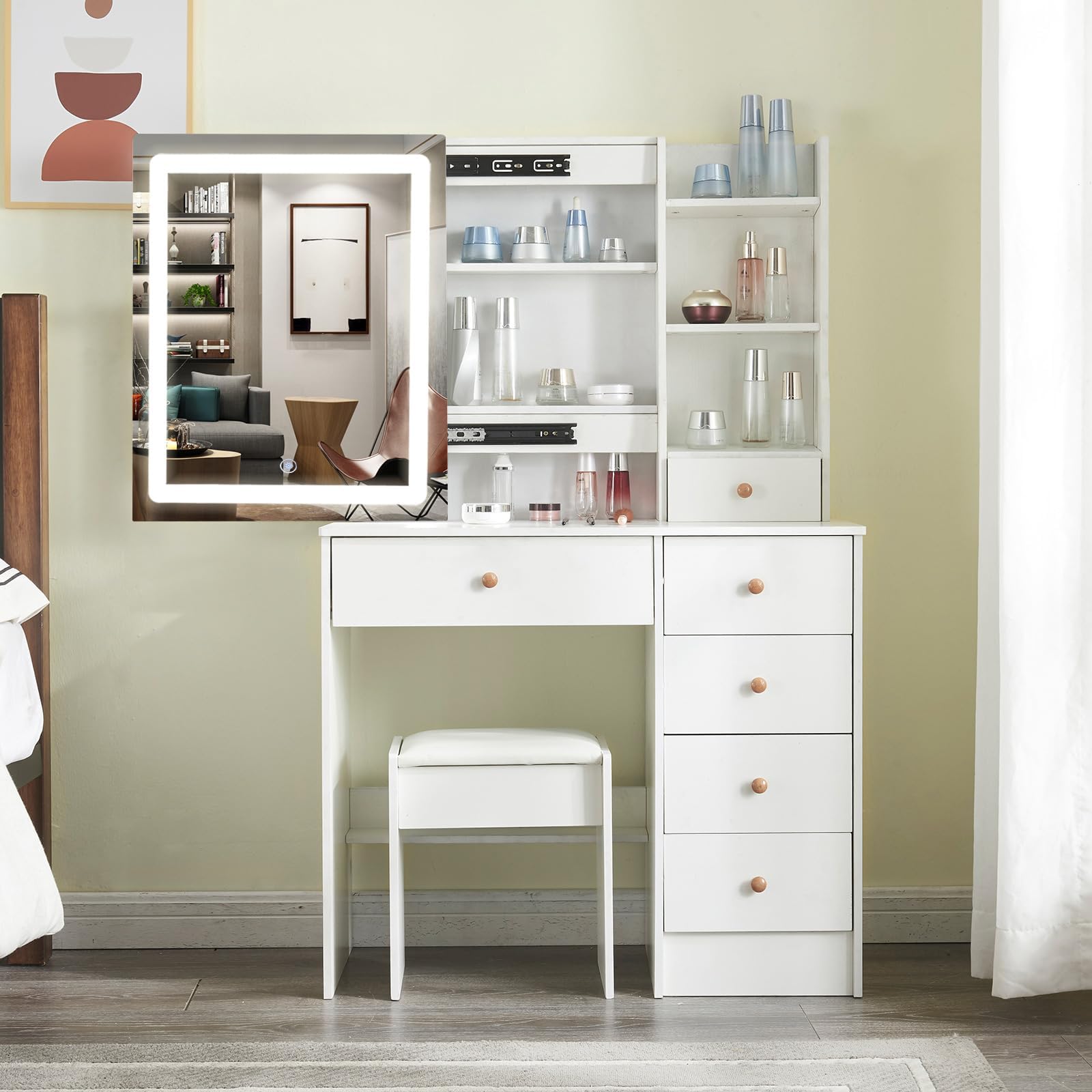 Lucaseone Vanity Desk with Lights Mirror, Vanity Table Makeup Vanity with Lights,Drawers & Cabinet,Storage Stool,for Bedroom, White (Modern06LED)