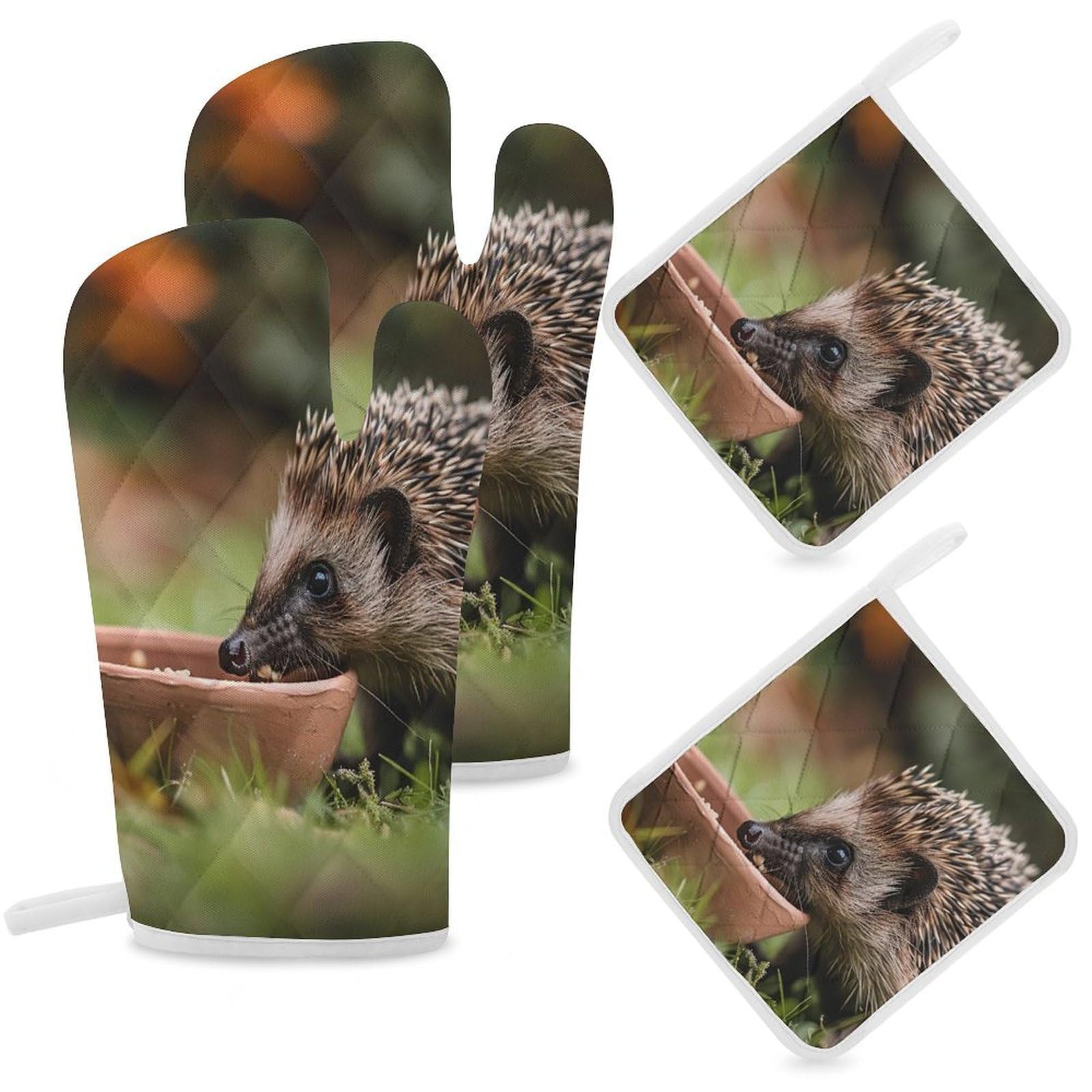 Oven Mitts And Pot Holders Sets of 4 Heat Heat Resistant Oven Gloves Non-Slip Kitchen Mittens Hedgehog Is Eating Oven Mitts Hot Pads BBQ Gloves Potholders for Cooking Baking Grilling