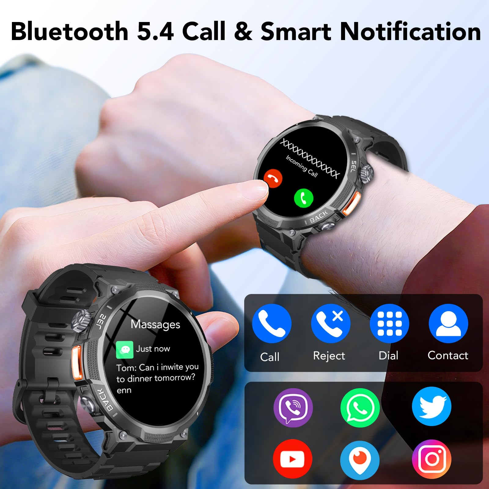 Military Smart Watches for Men(Answer/Make Calls), 1.53" HD Fitness Watch, Heart Rate Sleep Monitor, Smart Watch for Men,120+ Sport Modes, IP68 Waterproof Smartwatch for Android iOS, 30Day, Black - 2
