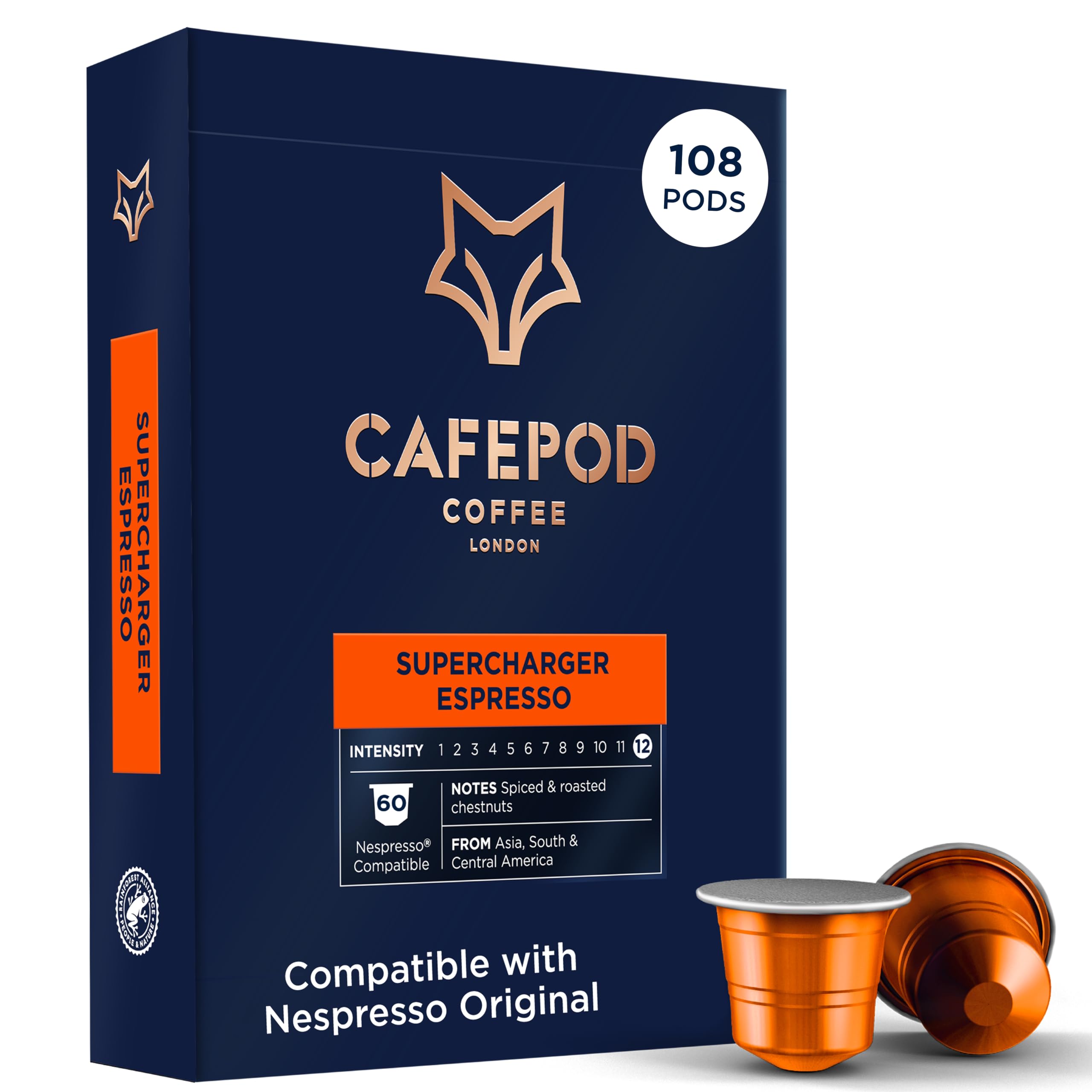 CafePod Cápsulas de café espresso, compatibles con máquina de café Nespresso, intensidad 12 con ricas notas de castaño caramelizado - Surtido de Rainforest Alliance - Supercharger Espresso 108