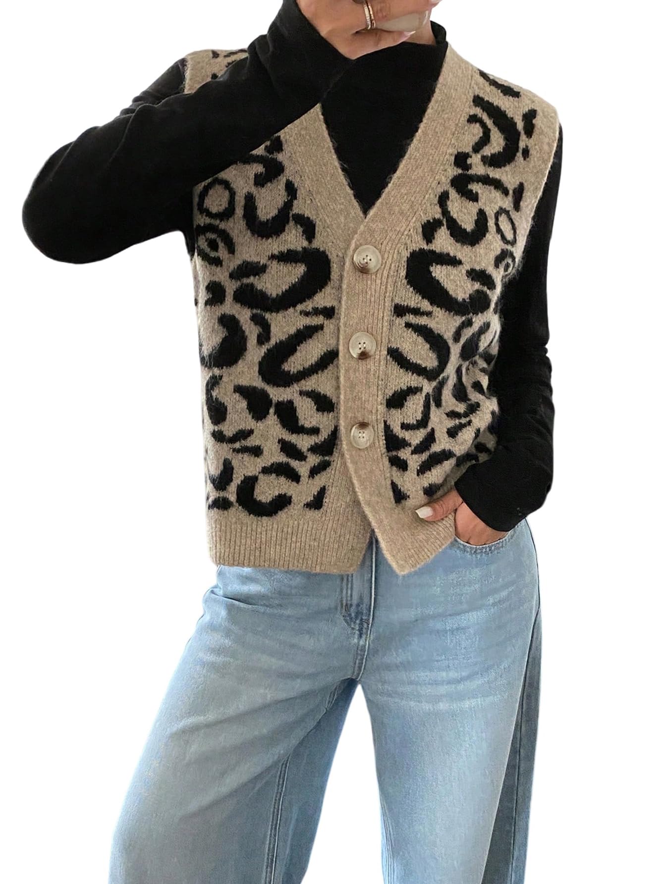 GORGLITTER Gilet en tricot sans manches pour femme - Cardigan court avec boutons - Col en V - Gilet d'automne décontracté - Pull