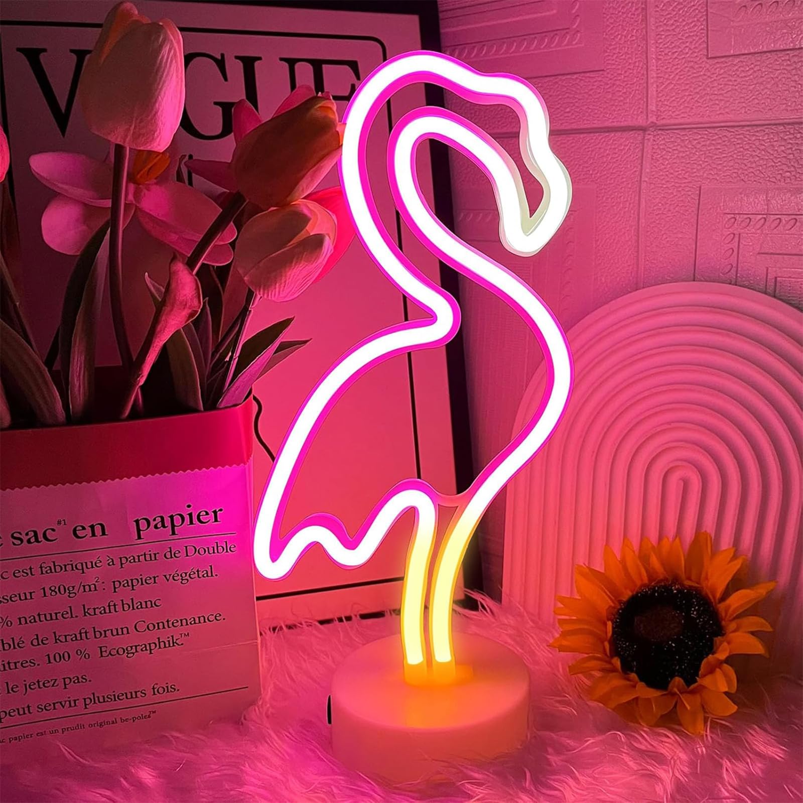 Bernicekelly Women's White+Pink+Yellow Flamingo Light Neon Sign, Pink Flamingo Gifts For Usb Or Battery Operated, Plastic Material, Pink Color