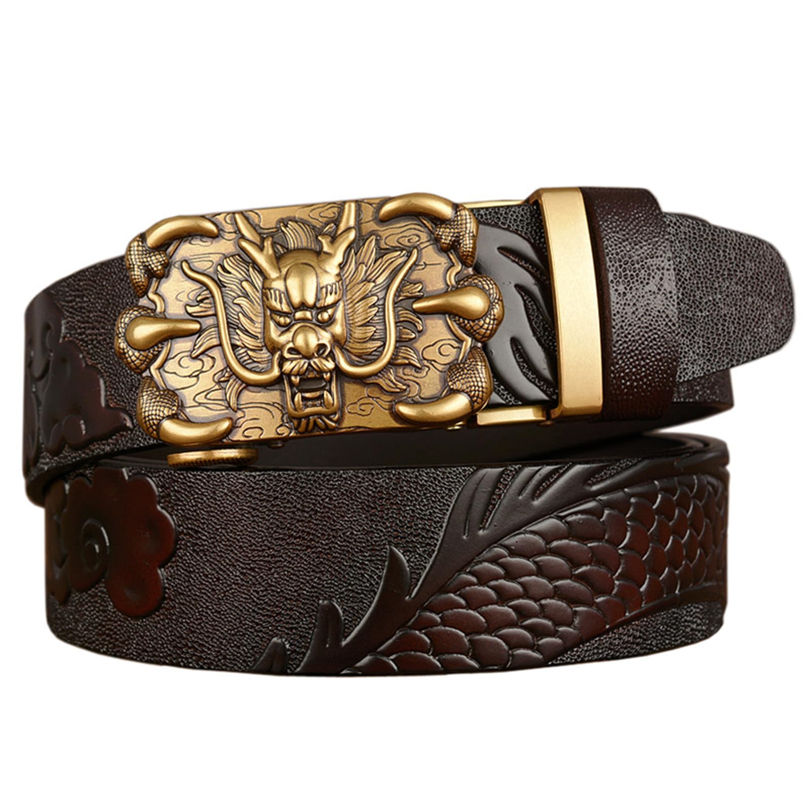 Cinturón De Vestir De Carraca para Hombre Hebilla Automática Deslizante Dragón Tallado Occidental En Relieve Cuero De Vaca De Grano Completo Correa De Grueso(115cm/45, Dragon-J)