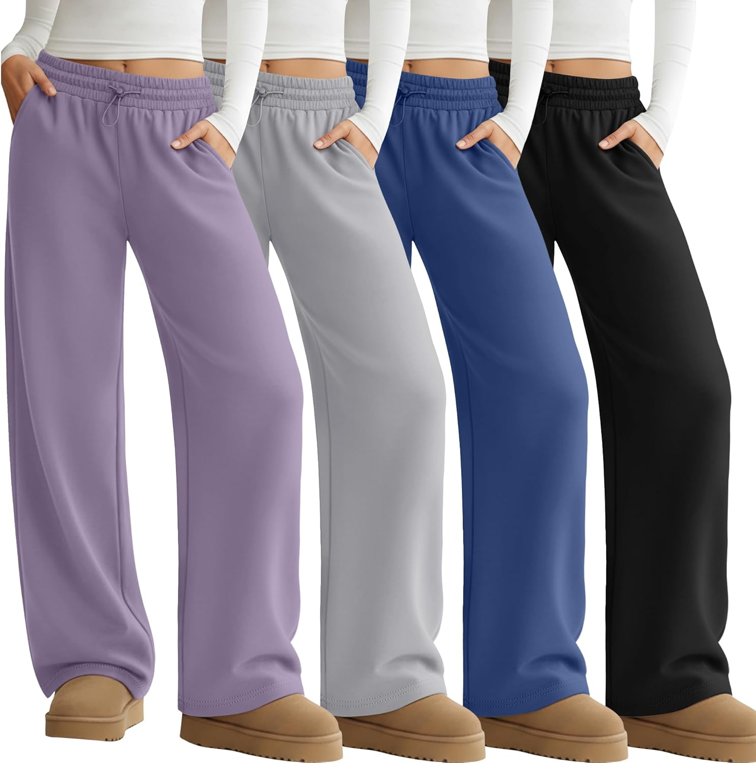 Sweetyweee 4 Pack Womens Wide Leg Sweatpants Elastic Waist Lounge Baggy Pants Straight Leg Soft Casual Joggers with Pockets