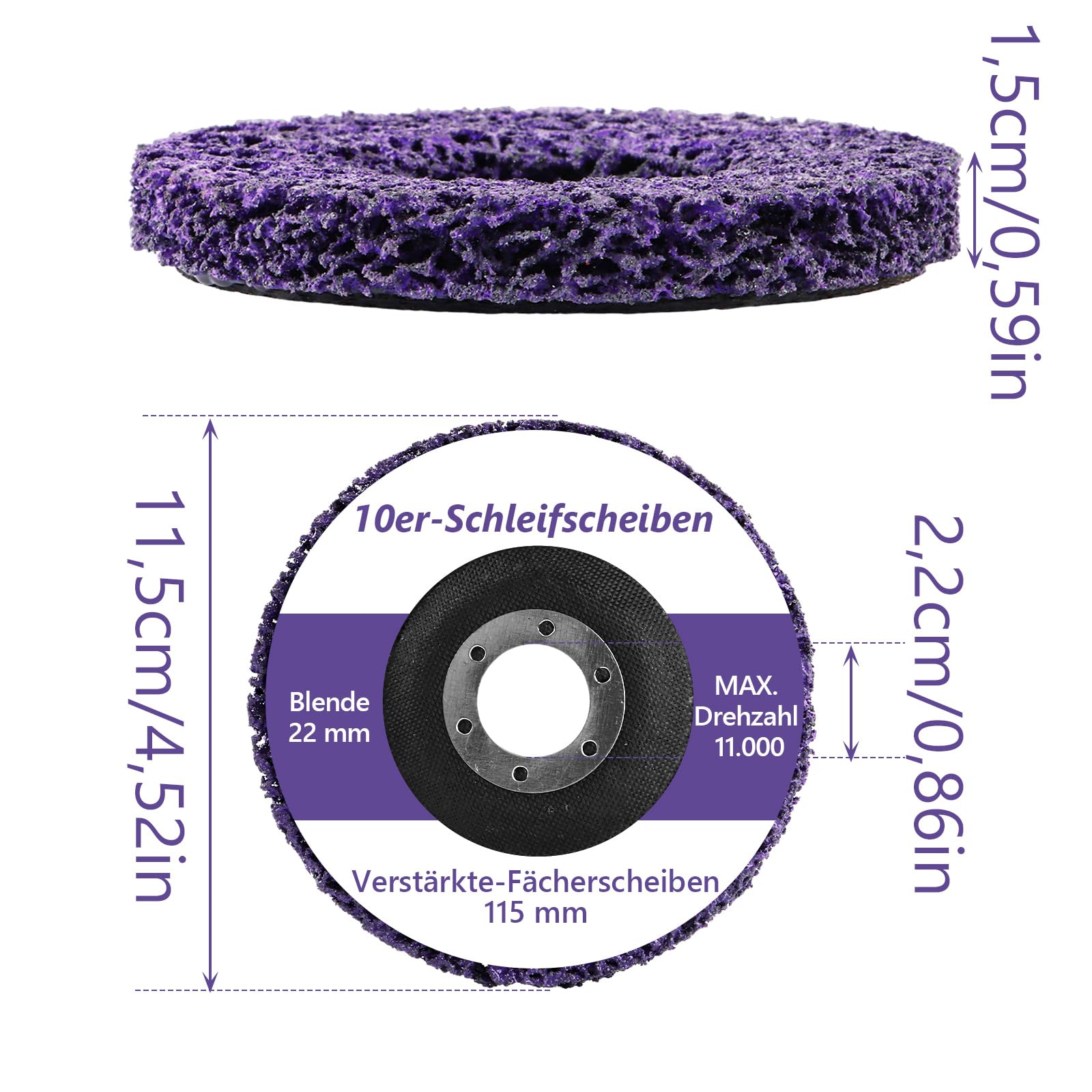 10 Pezzi Dischi Abrasivi 115 mm Foro 22 mm, Dischi per Smerigliatrice Angolare Viola, Rimozione Ruggine, Vernice e Levigatura per Metallo, Fai da Te e Officina
