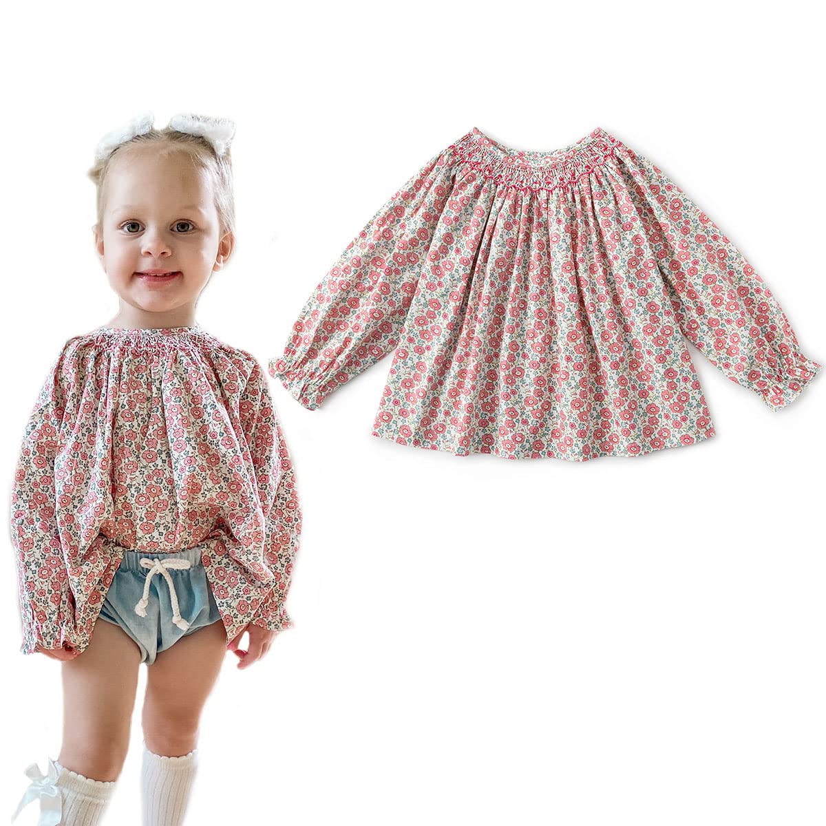 Curipeer Baby Girls Long Sleeve Shirt Peter Pan Collar Smocked Blouse Button Down Top