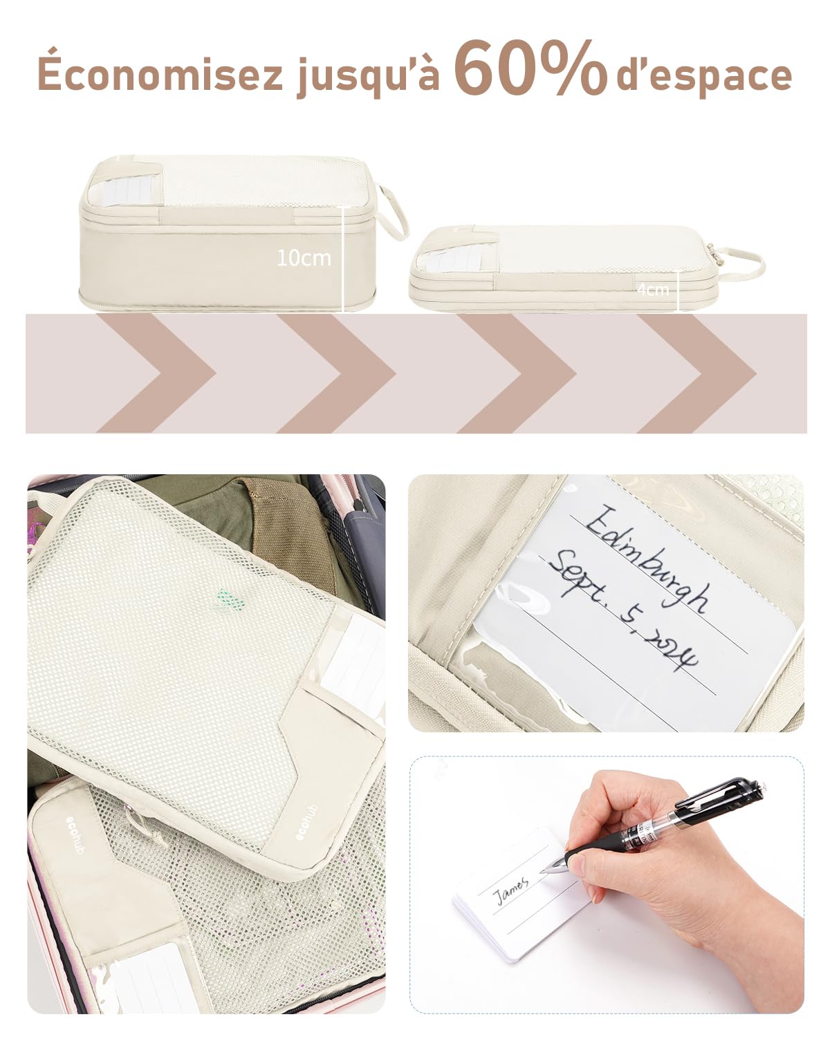 ECOHUB Organisateurs Valises 4 Pièces, Sac de Compression pour Voyage, Rangement Valise Organisateur Aéré à Mailles, Packing Cubes SBS Fermeture éclair Avec Cartes Manuscrites Affichage Transparent
