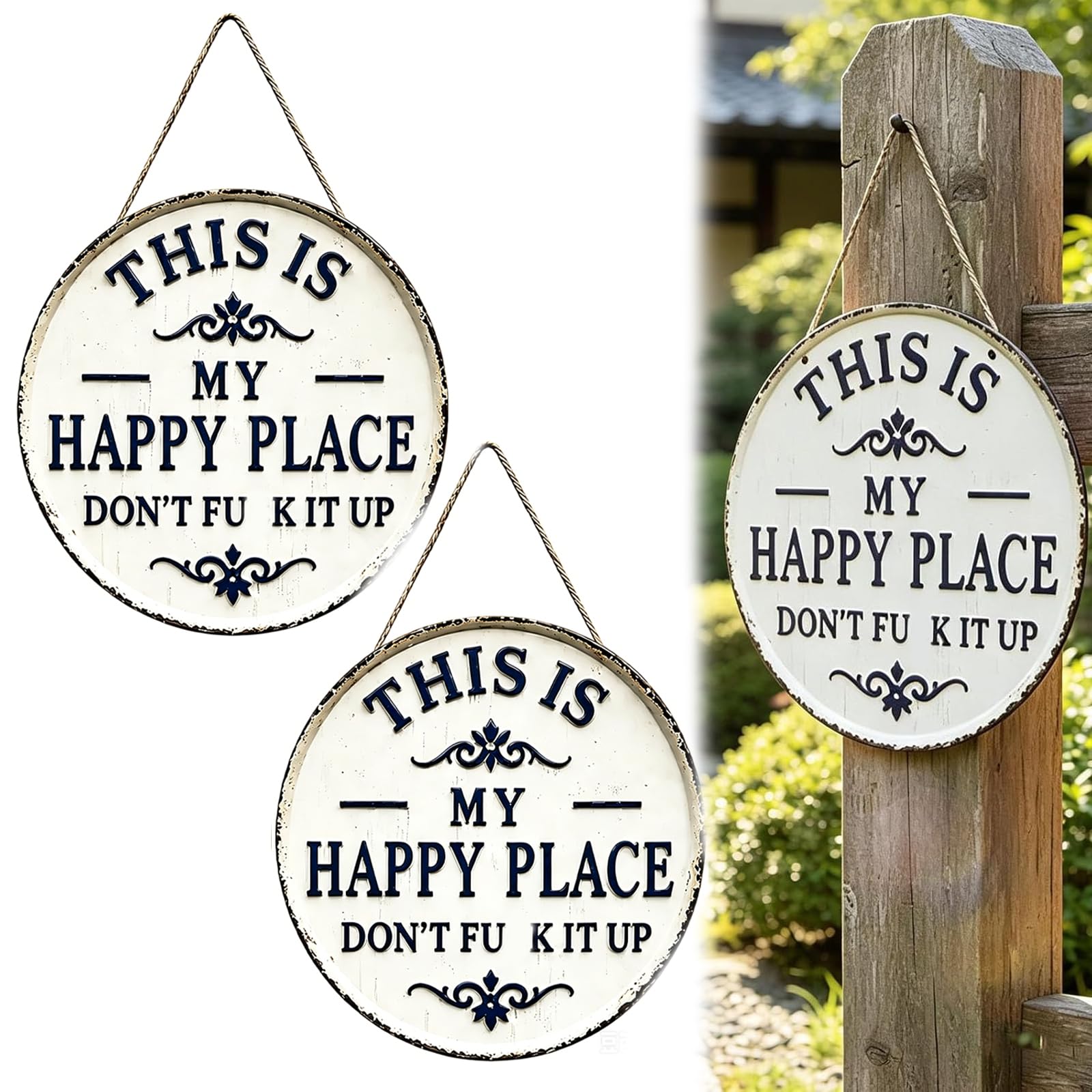 2PCS This is My Happy Place Don't F it up Sign, This is My Happy Place Sign, Funny Garden Accessories for Front Door and Outdoor Display Rustic Decor Garden Signs and Plaques