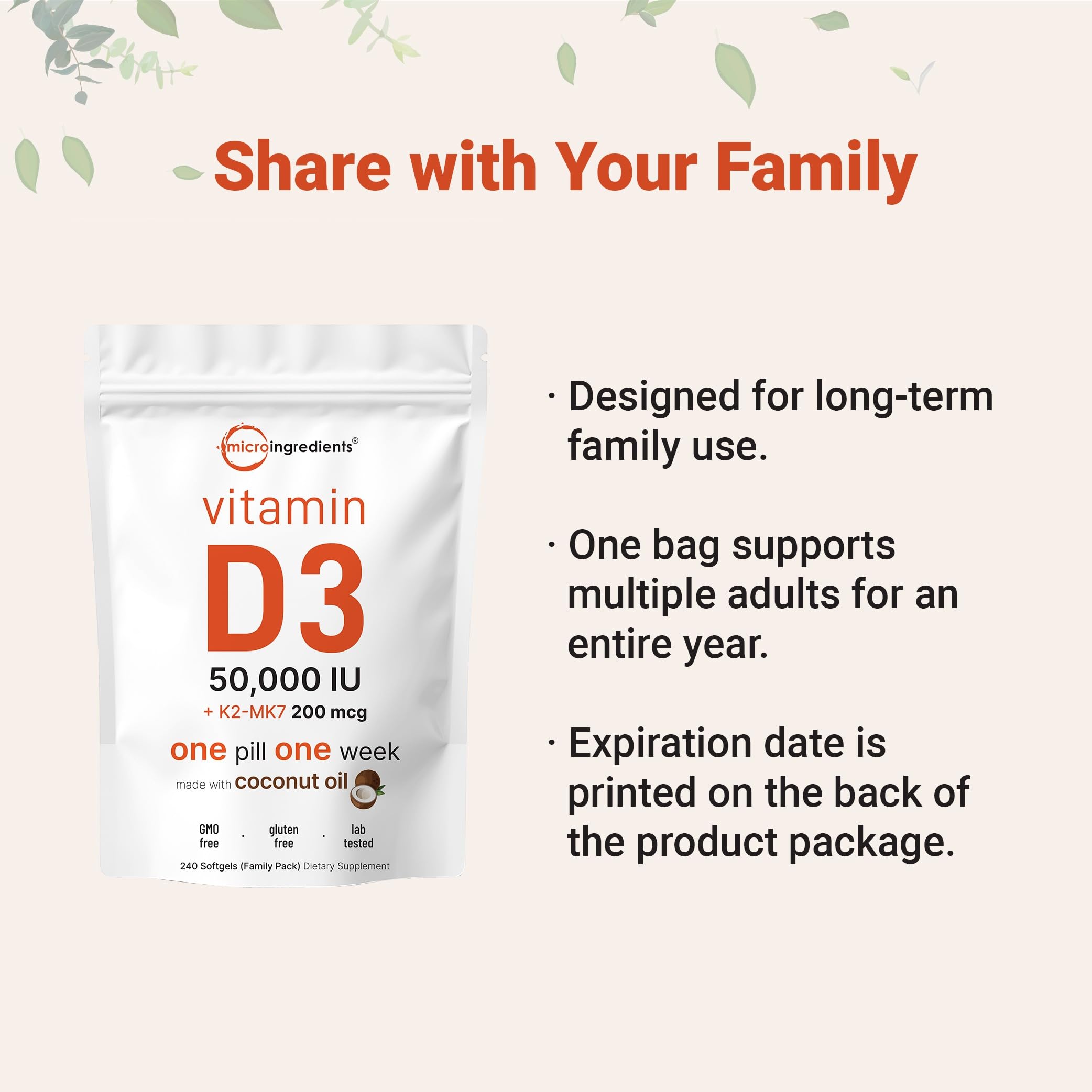 Micro Ingredients Vitamin D3 50,000 IU + K2 MK-7 200 mcg, 240 Softgels | Virgin Coconut Oil | 2-in-1 Support | Easy to Swallow, Non-GMO — Amazon image 3