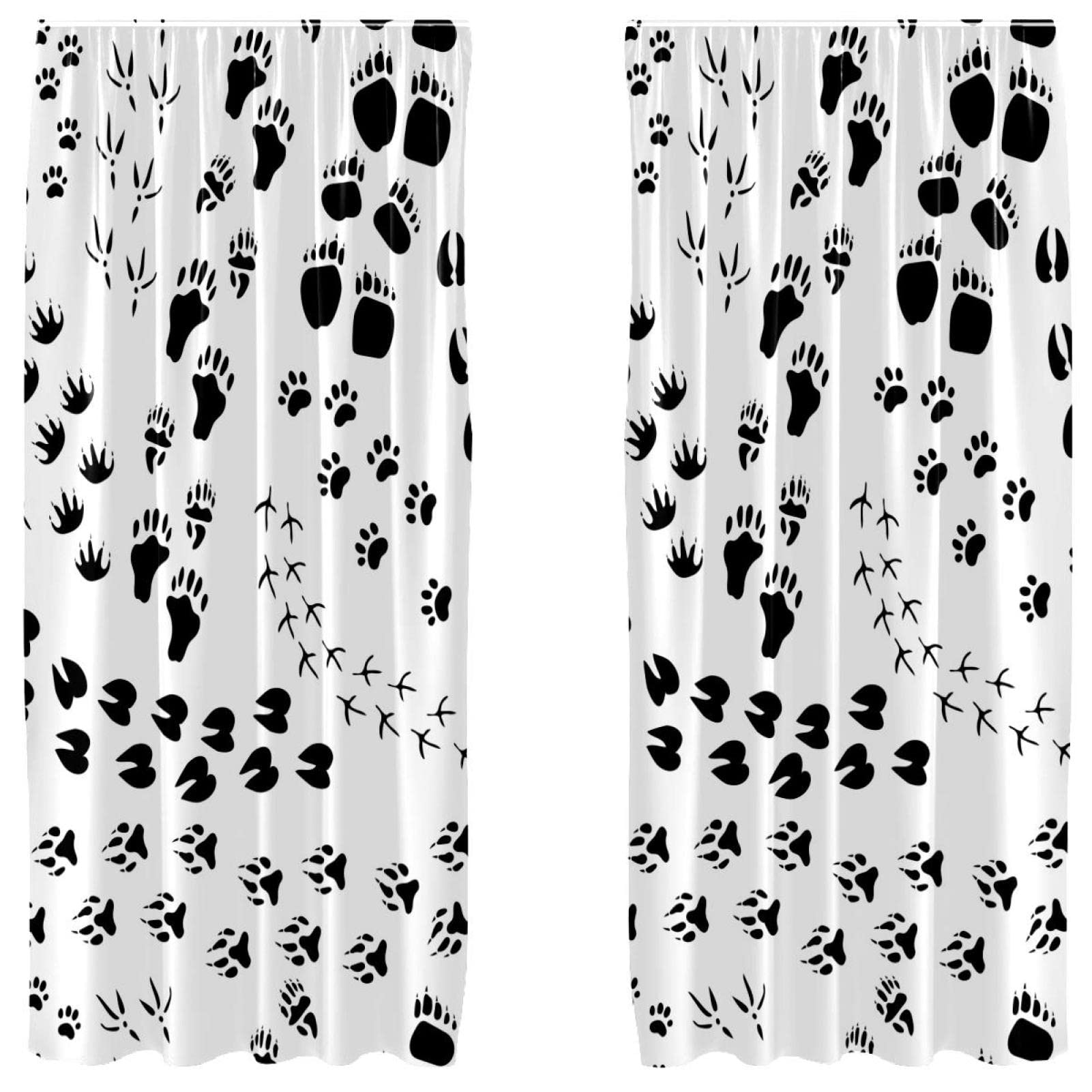 Cortina blanca y negra de huellas ligera con diseño de dos paneles cortos