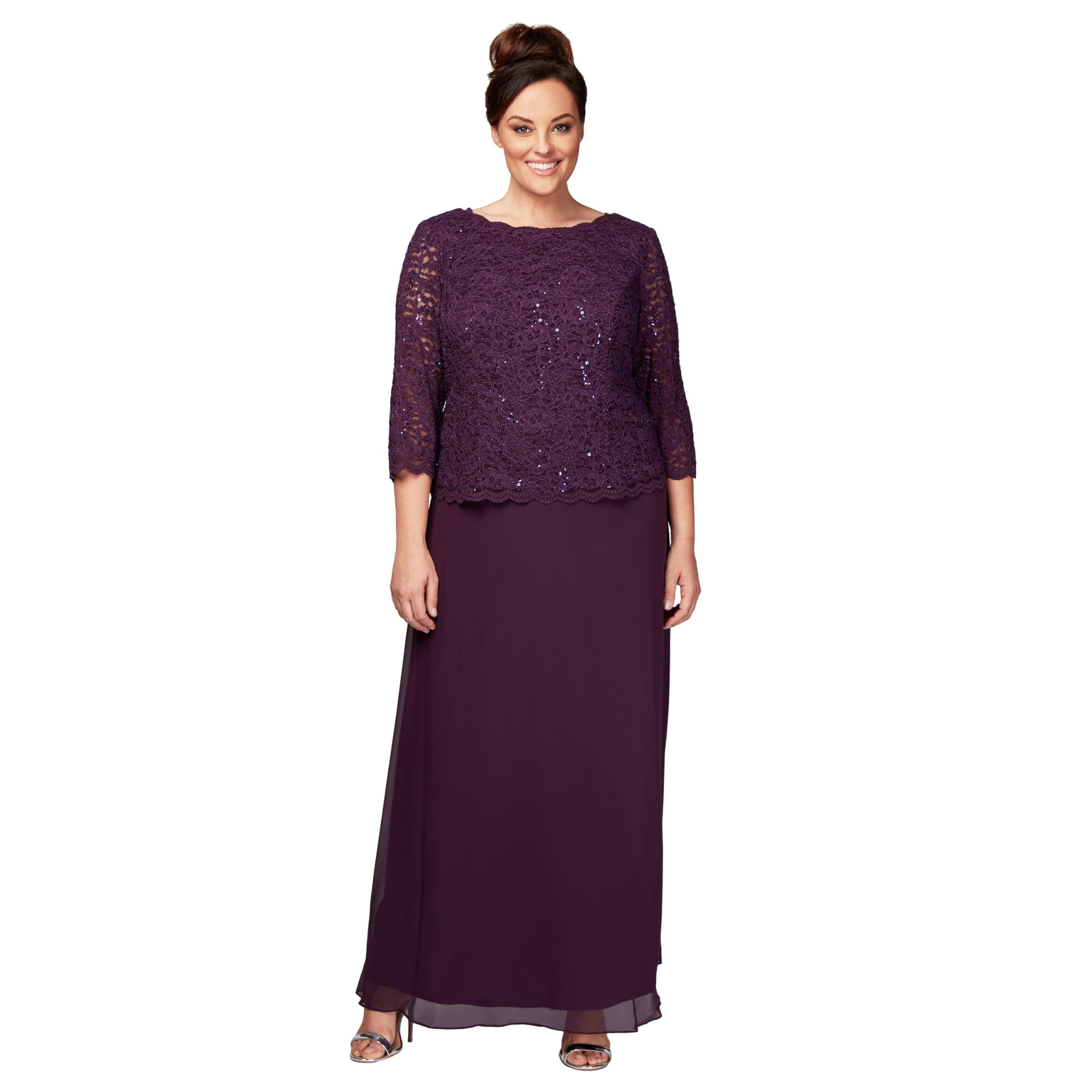 Alex Evenings Women's Plus Size Stretch Lace Bodice Mock One Piece Gown Special Occasion Dress, Deep Plum, 24W