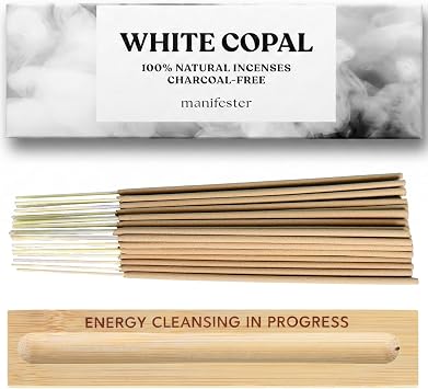 White Copal Incense Sticks 100% Natural, Charcoal-Free, Clean, Non-Toxic - Energy Cleansing & Negativity Protection, Spiritual Smudging for New Home - 30 Sticks + Engraved Wooden Holder
