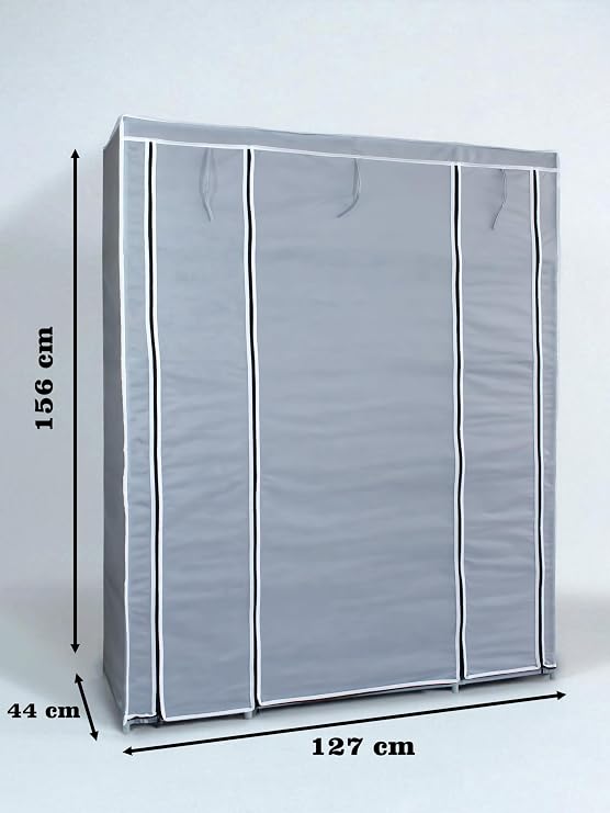 Cloth Cabinet, Portable Wardrobe, Ruba, Double Side Shelf, Reinforced PVC Profile, 127x44x156 cm, Dress Cabinet, Large Storage Area, Grey, Asude Home