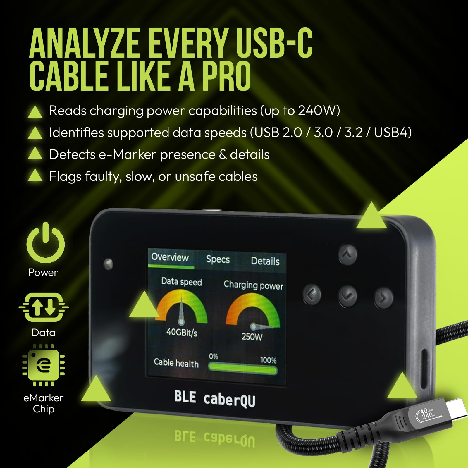 BLE caberQU Testeur de câble numérique USB C PD 3.0/3.1/3.2 eMarker 25 broches Continuité Broches USB 2/3/4 Résistance de câble iOS & Android App (BLE caberQU Kit de sécurité