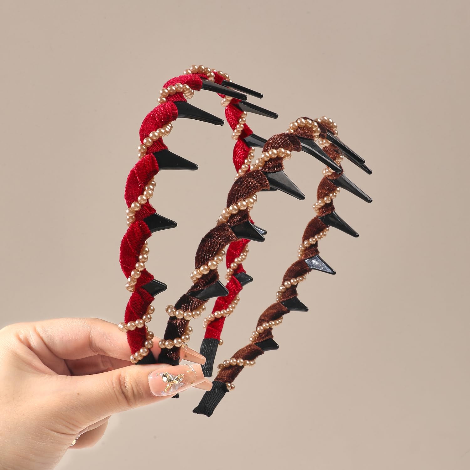 Ivyu 3 Pcs Vintage High Cranium Artificial Pearl Hairband with Teeth Grip - Elegant Non-Slip Knotted Pearl Headband Hoop for Women & Girls, Fashion Hair Accessories Gift