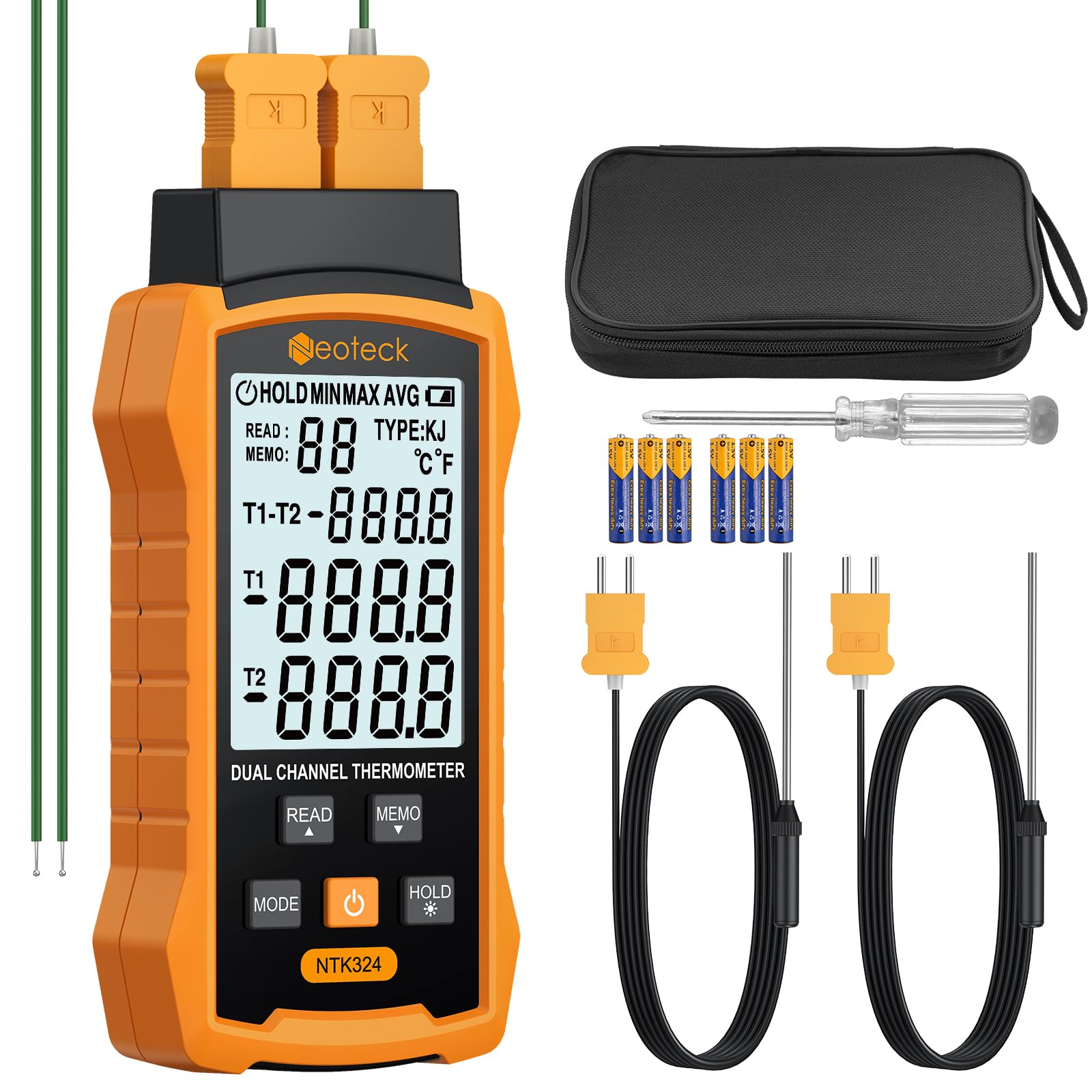 Neoteck Thermomètre Thermocouple Numérique Type K J 2 Canaux -50~1300℃ Haute Précision avec 4 Sondes et Stockage 99 Données, Écran LCD Rétroéclairé pour HVAC Industriel Laboratoire Four Réfrigérateur