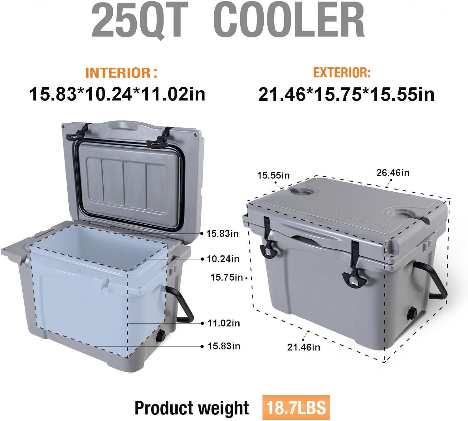 25QT Portable Cooler with Bottle Opener, Cup Holder, Forming Ruler and Portable Handle Outdoor Insulated Cooler Long-Term Insulation, for Camping, Fishing and Everyday Use
