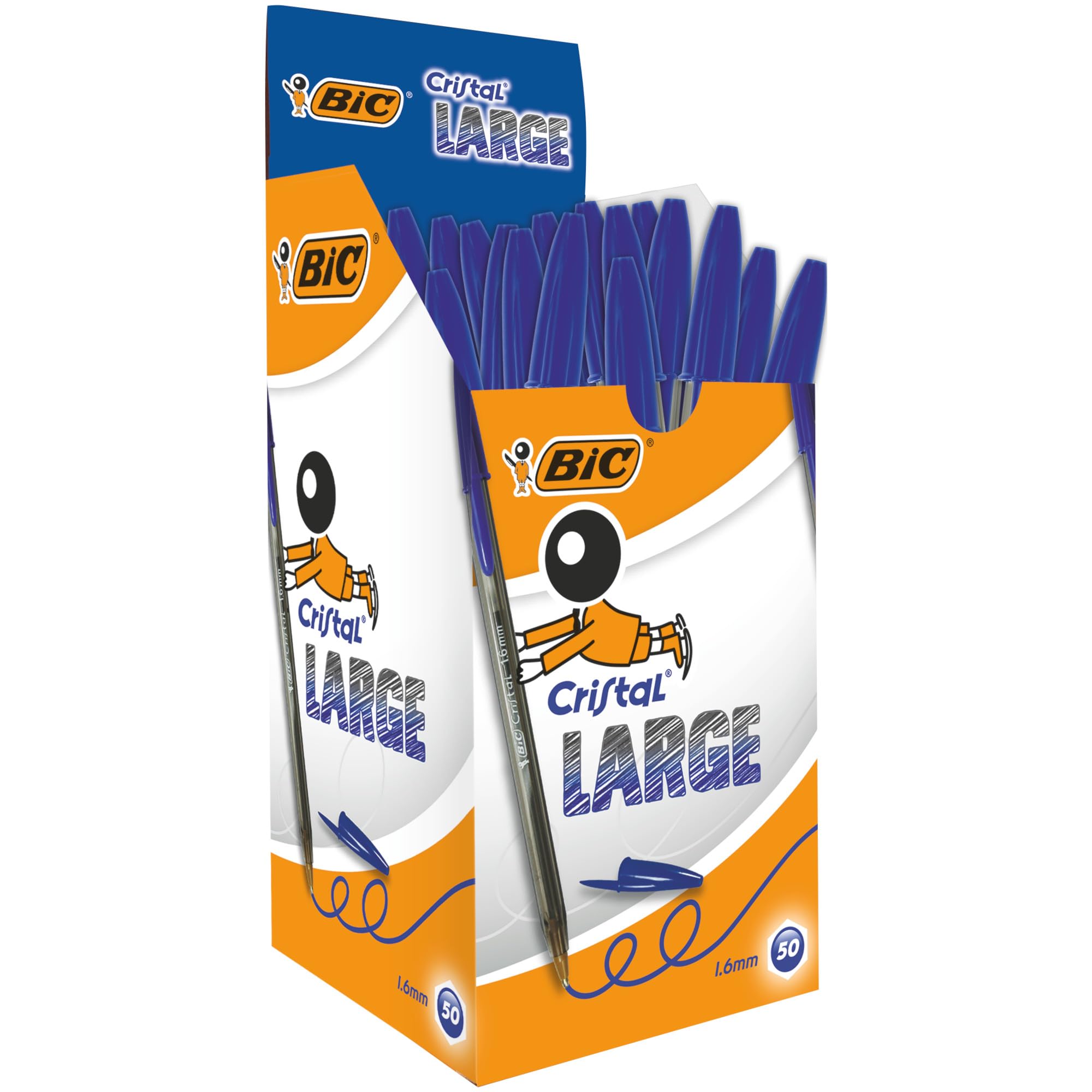 BIC Cristal Large, Wide Point Ball Ballpoint Pens, Smooth Ink Flow, Lightly Smoked Barrel, in Blue, Pack of 50