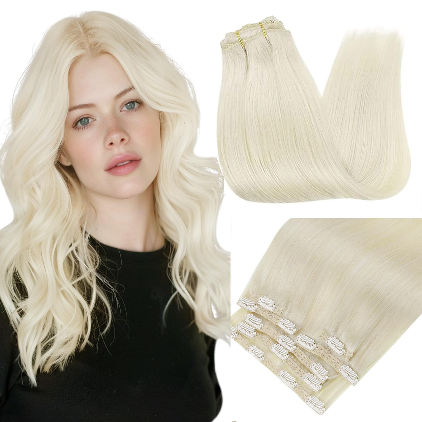RUNATURE 20 Inch Clip in Hair Extensions Human Hair Platinum Blonde Clip in Hair Extensions Real Human Hiar Clip in Extensions Blonde Human Hair Extensions Clip in Long Human Hair 20 Inch 120g 7pcs