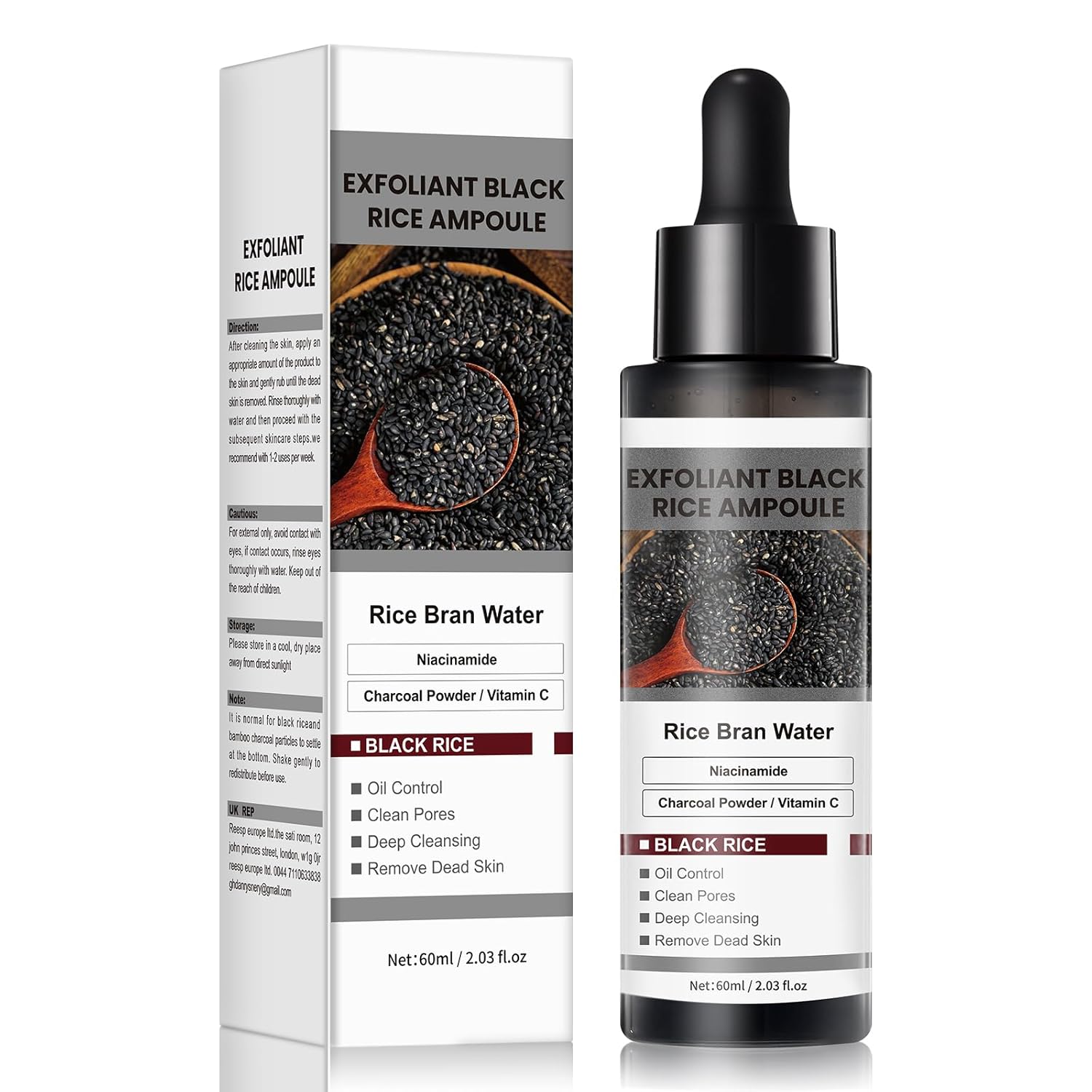 Black Rice Face Exfoliator, Gentle Daily Exfoliating Ampoule with Rice Bran Water & Vitamin C, Pore Cleansing & Oil Control Facial Treatment for Smooth, Refreshed Skin, 2.03 fl oz