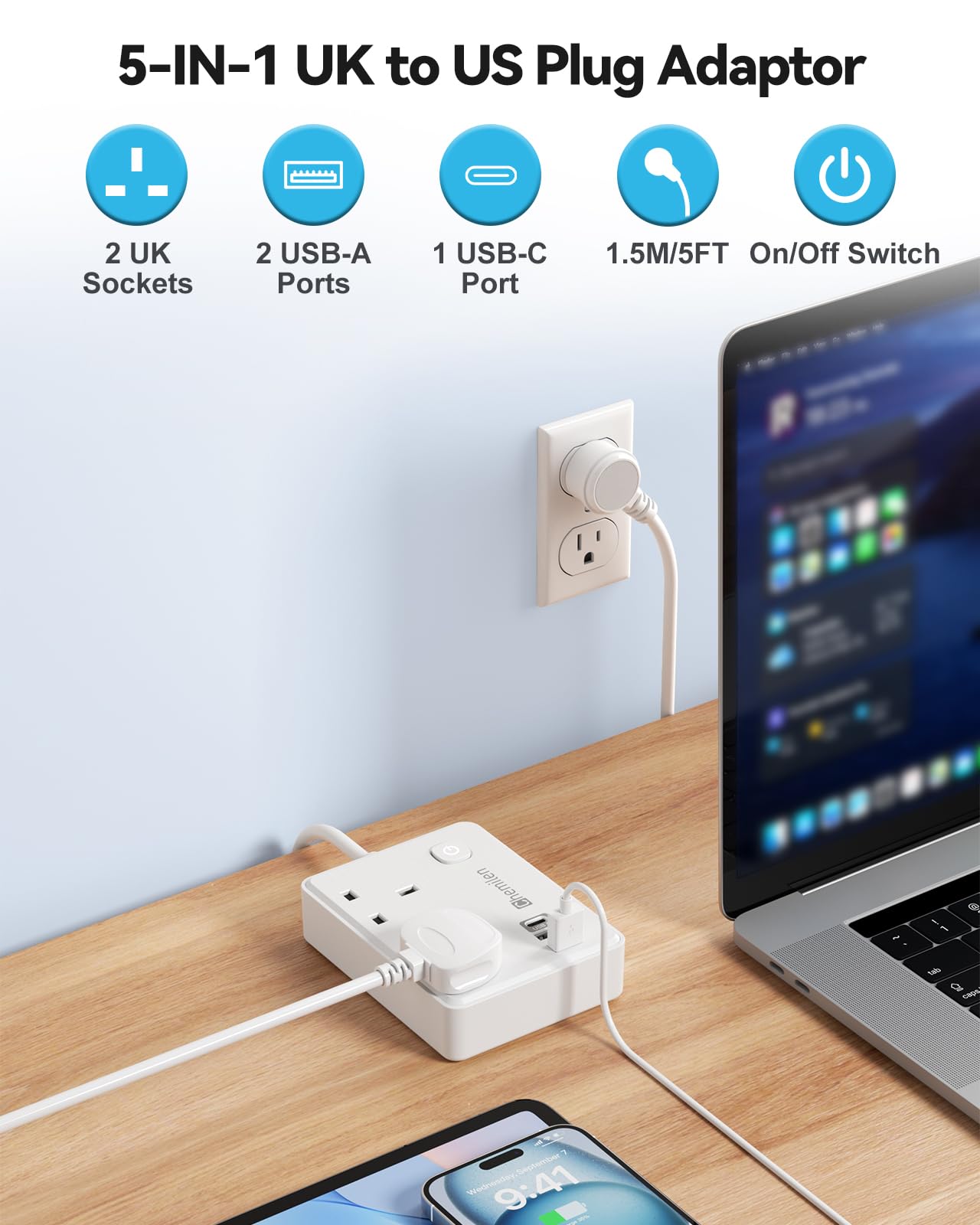 UK to US Plug Adaptor 2 UK Outlets & 3 USB Ports, US Adapter Travel from UK with 1.5M Extension Cable for American, Mexico, Canada, Thailand and More(Type B) — view 2