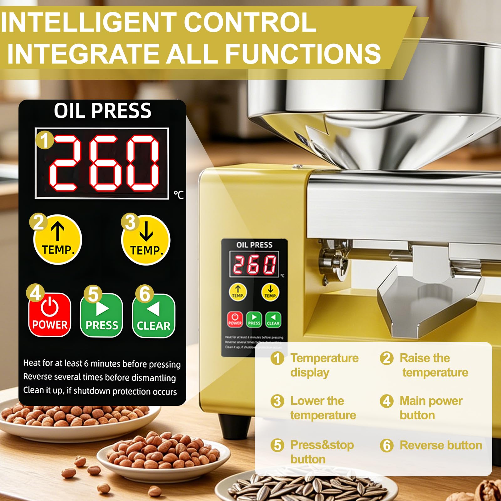 Presse à huile 1500 W, extracteur d'huile froide et chaude intelligent avec trémie de grande capacité de 235 mm, machine à huile compacte en acier inoxydable, économise de l'espace, sortie de 5 à 9 kg