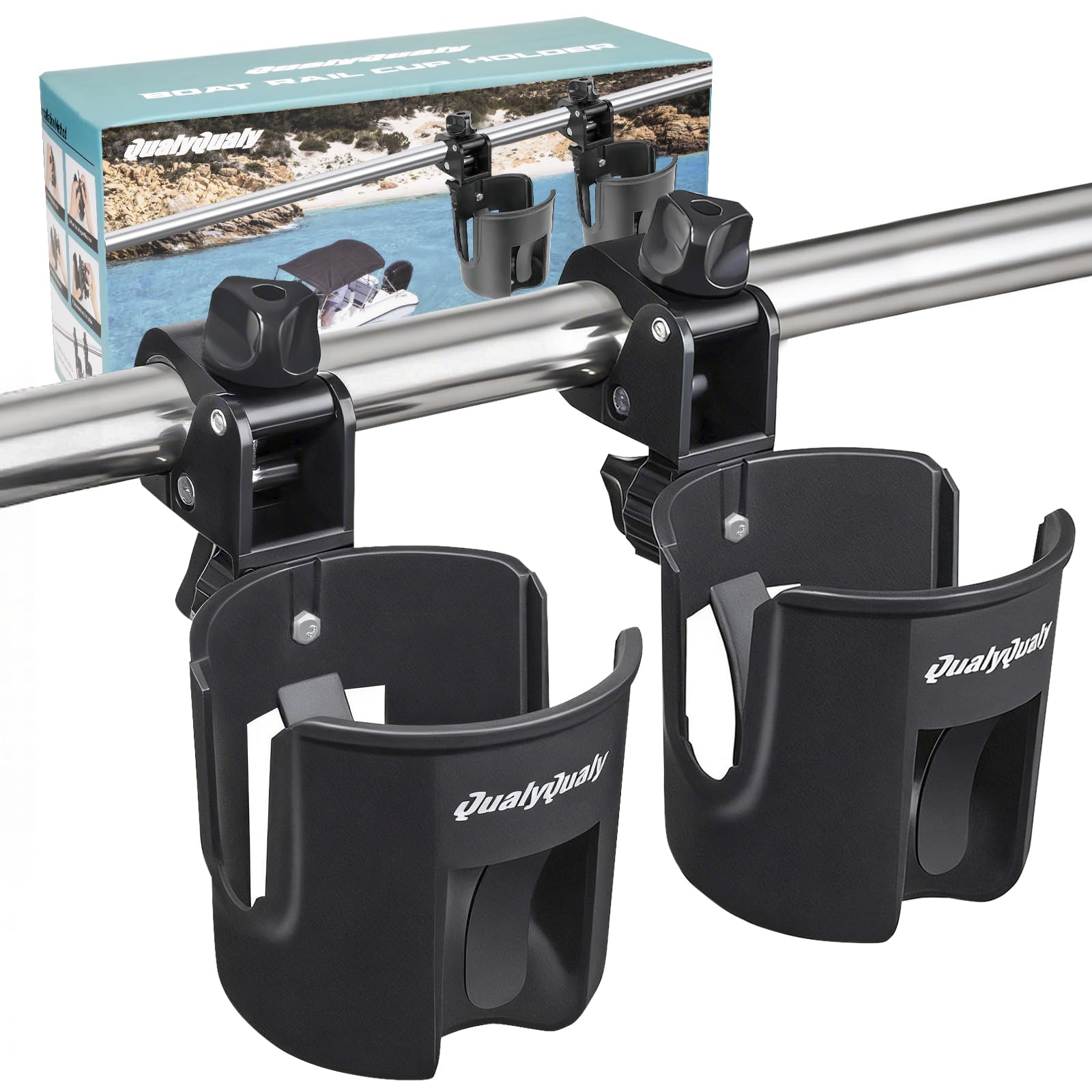 QualyQualy Boat Rail Cup Holder 2 Pack, No-Drill Clamp-On Marine Cup Holders 360° Adjustable for Pontoon Boat, Bimini Top, Grab Bar, PWC, Fits Round Rails 15-40mm, Boat Gifts for Men