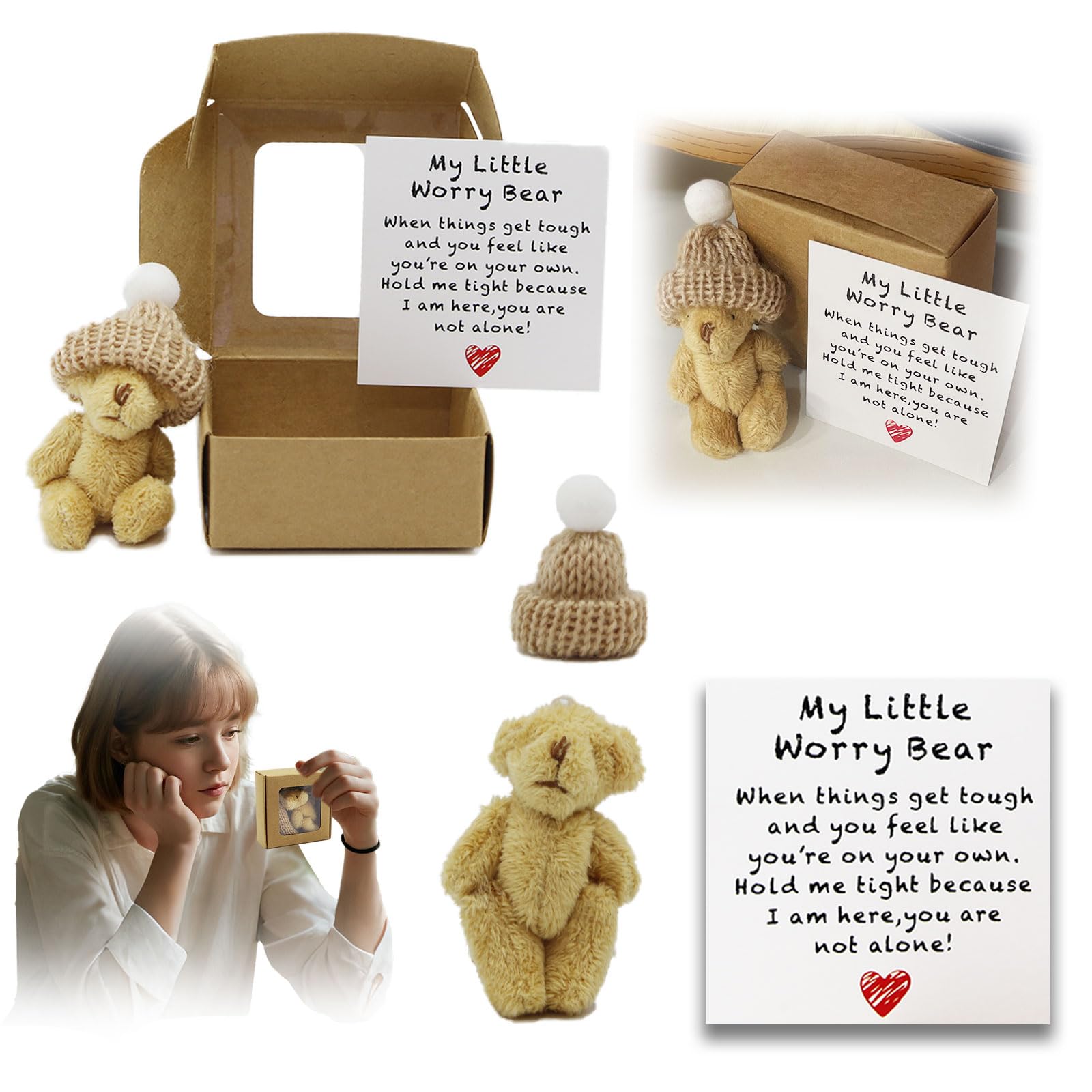 Kenmohuo My Little Worry Bear in a Box, Mini Worry Bear Hug in a Box with Inspirational Card