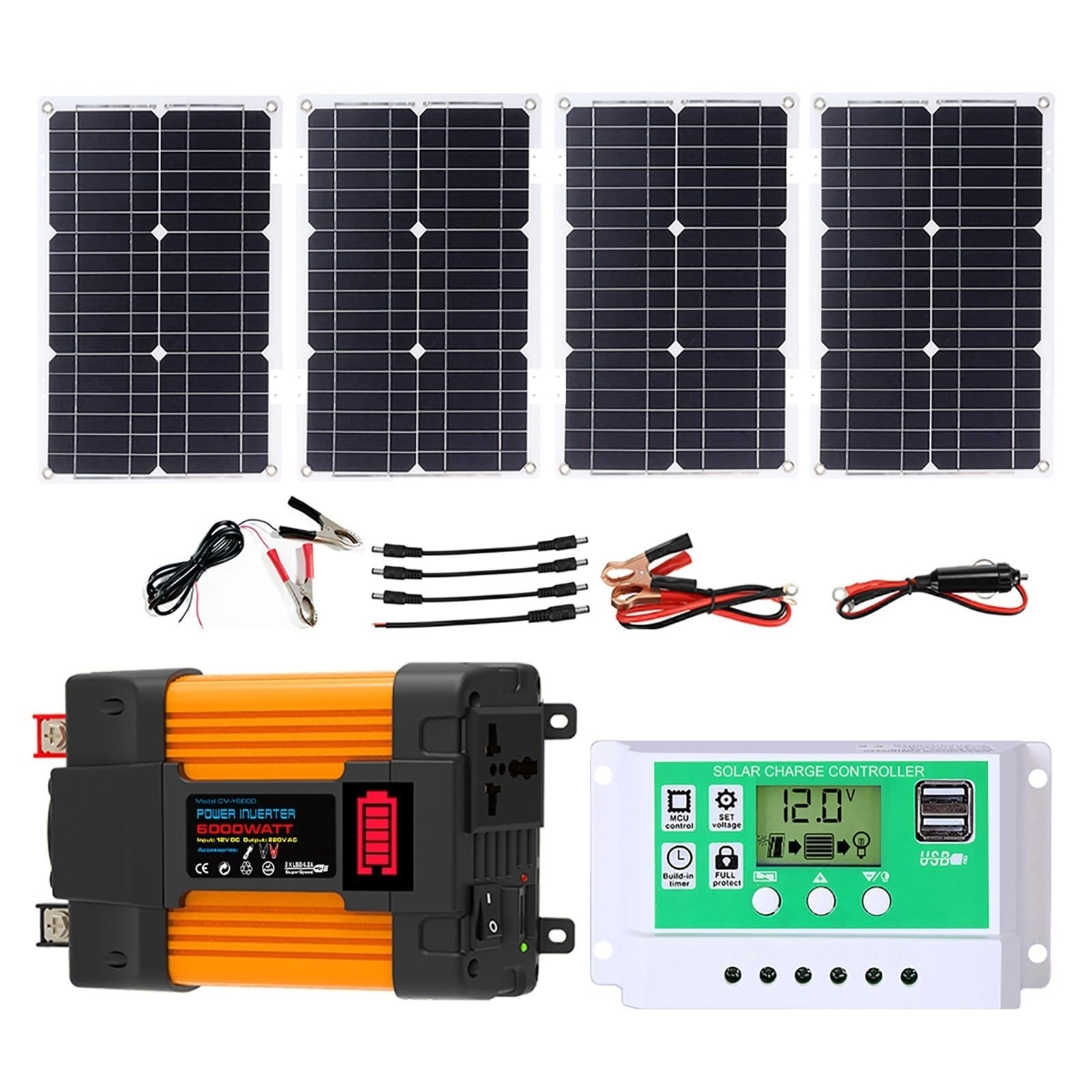 Kit Solare Completo Da 4000W 6000 W Con Inverter A Onda Sinusoidale Pura, Regolatore Da 50 A E Pannello Solare Da 100 W - Sistema Solare Da 12 V Per Casa, Campeggio, Camper, Emergenza(6000W,12V-220V)