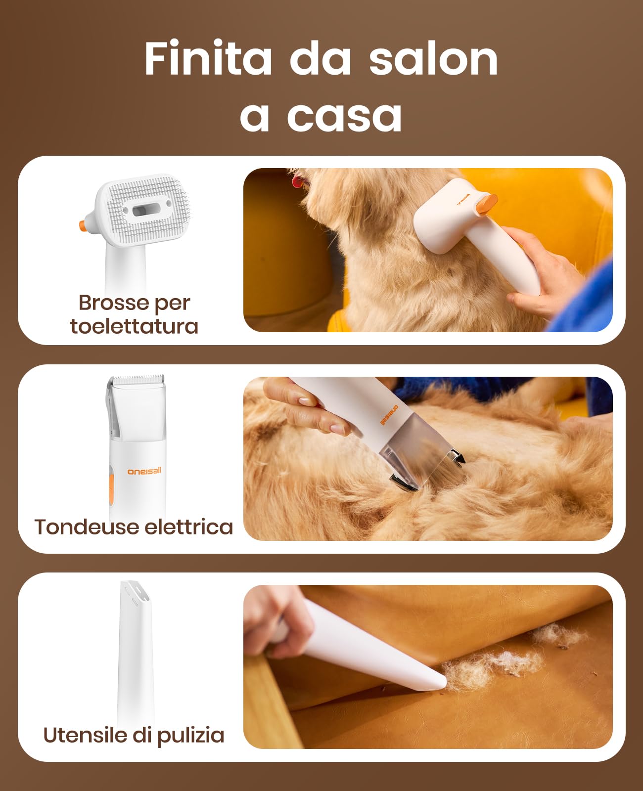 oneisall Tosatrice per cani con aspirapolvere, super potenza di aspirazione con 15000 Pa, aspira il 99,99% dei peli degli animali, tosatrice silenziosa per cani e gatti, con 3 strumenti per la