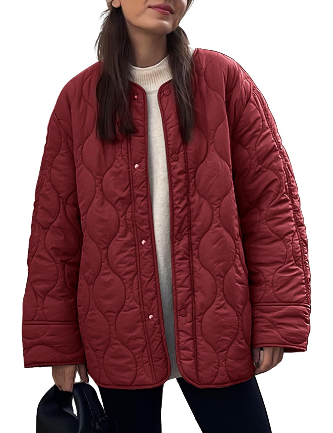 Women's Fall Winter Quilted Cotton Coat: Loose Fit Round Neck Casual Jacket, Solid Color Oversized Padded Outerwear for Trendy Daily Streetwear — view 8