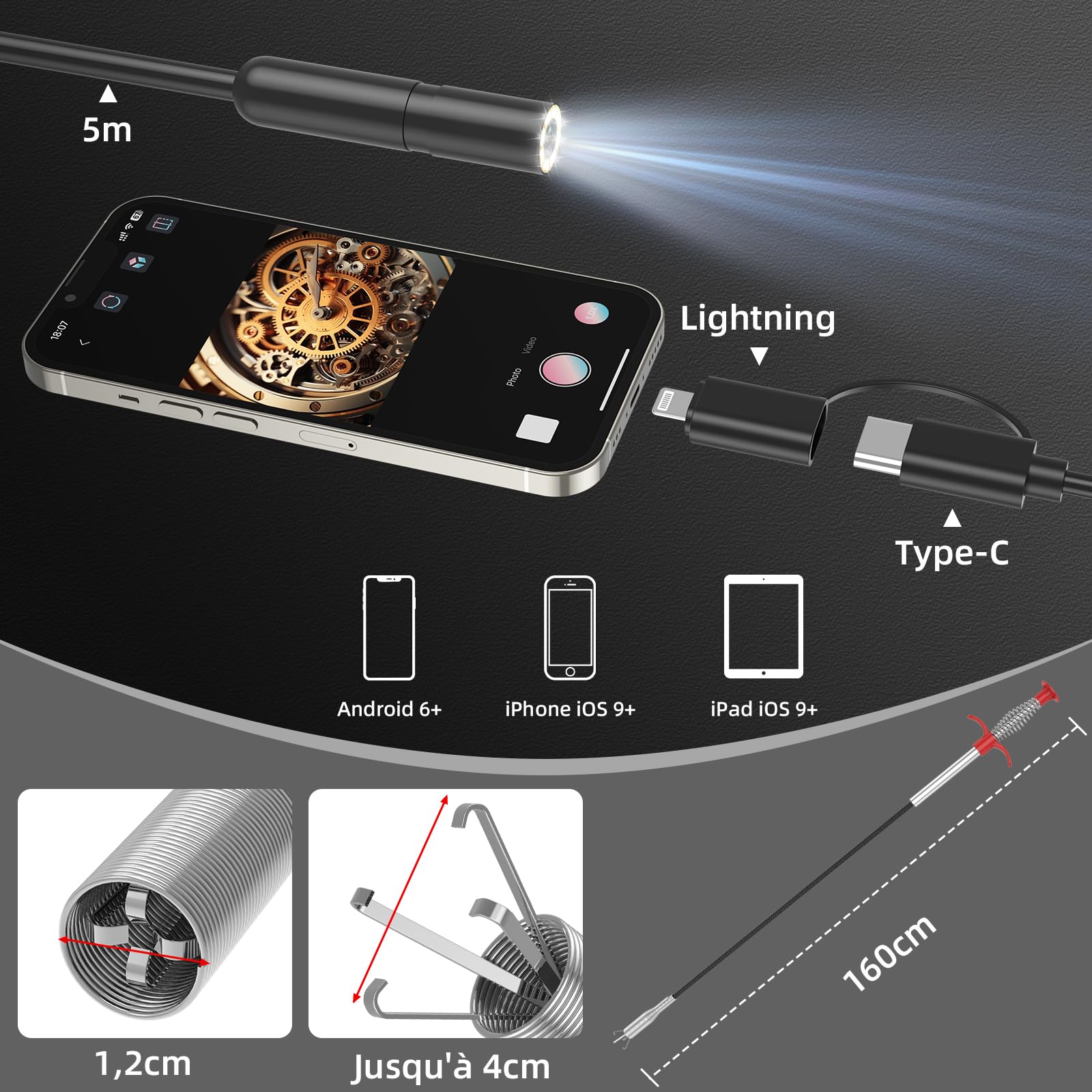 Camera Endoscopique avec Lumière, Endoscope Camera HD 1920P, Caméra de Puits Étanche IP67 5M avec 8 LED, Furet de Dégorgement,Spirale de Dégorgement de Canalisation pour Égouts et Conduites