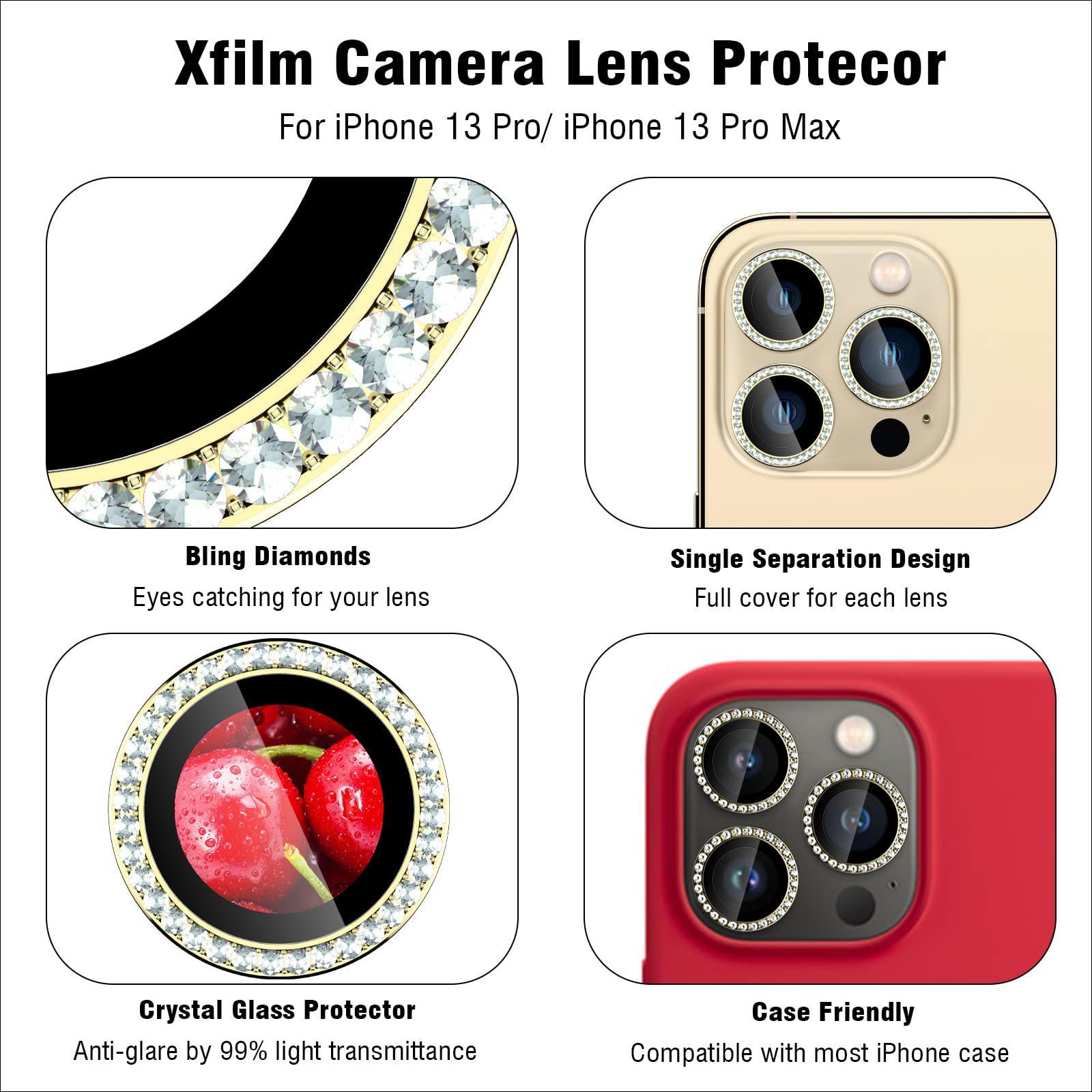 Bling diamentowa osłona obiektywu aparatu do iPhone 13 Pro/iPhone 13 Pro Max, HD przezroczyste szkło hartowane osłona obiektywu, przyjazna dla obudowy, odporna na zarysowania