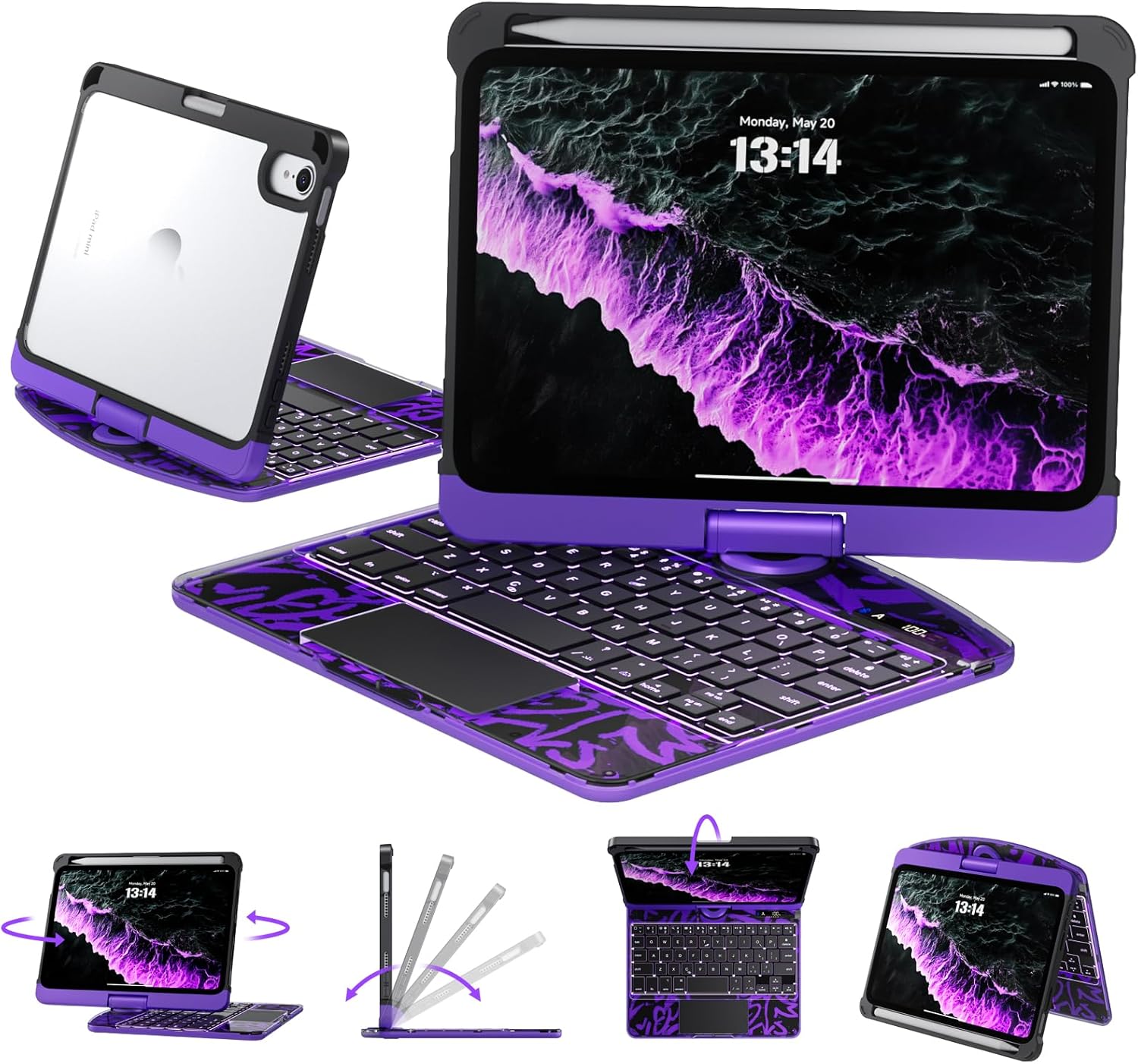 Transparent Case with Keyboard for iPad mini 7 A17 Pro(2024) & Mini 6 (2021) 8.3",7-Color Backlit,Wireless Keyboard, 360°Rotating,with trackpad,Pencil Holder,with Shortcuts,Purple
